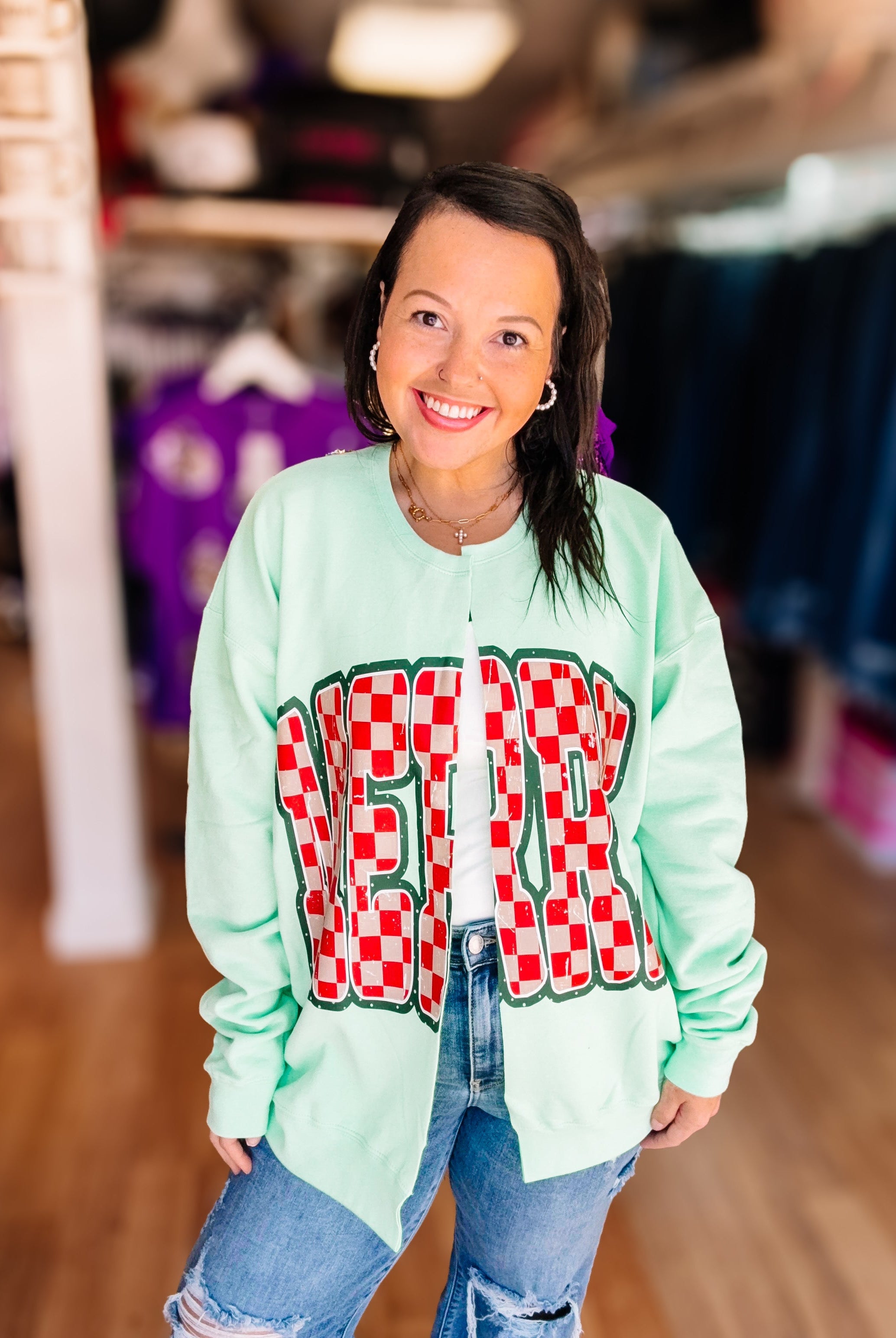 Merry Mint Cut-Up Sweatshirt Cardigan-Graphic Tops-Dear Me Southern Boutique, located in DeRidder, Louisiana