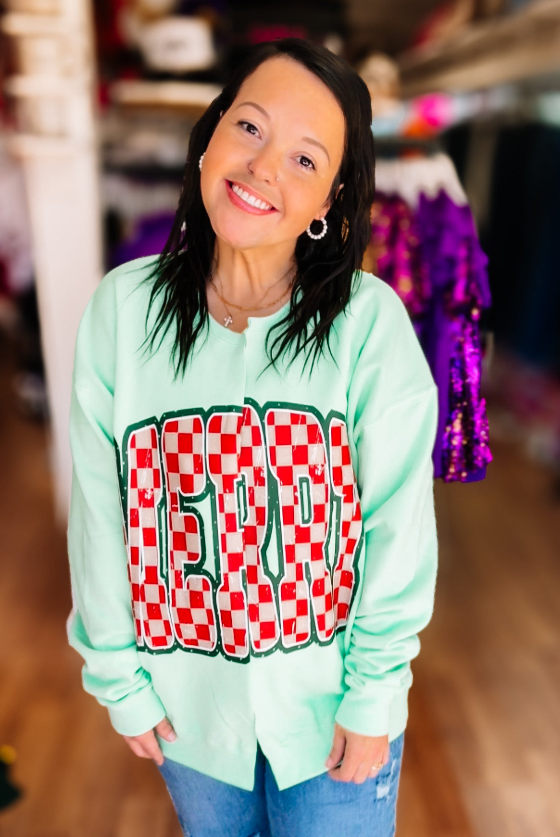 Merry Mint Cut-Up Sweatshirt Cardigan-Graphic Tops-Dear Me Southern Boutique, located in DeRidder, Louisiana