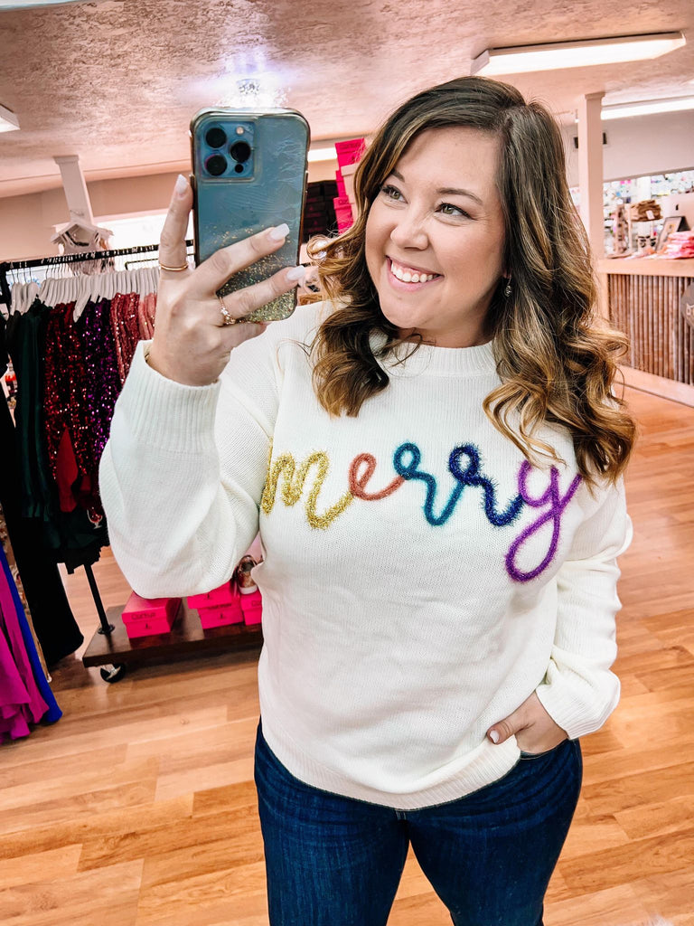 Merry Tinsel Sweater - Cream-Tops-Dear Me Southern Boutique, located in DeRidder, Louisiana