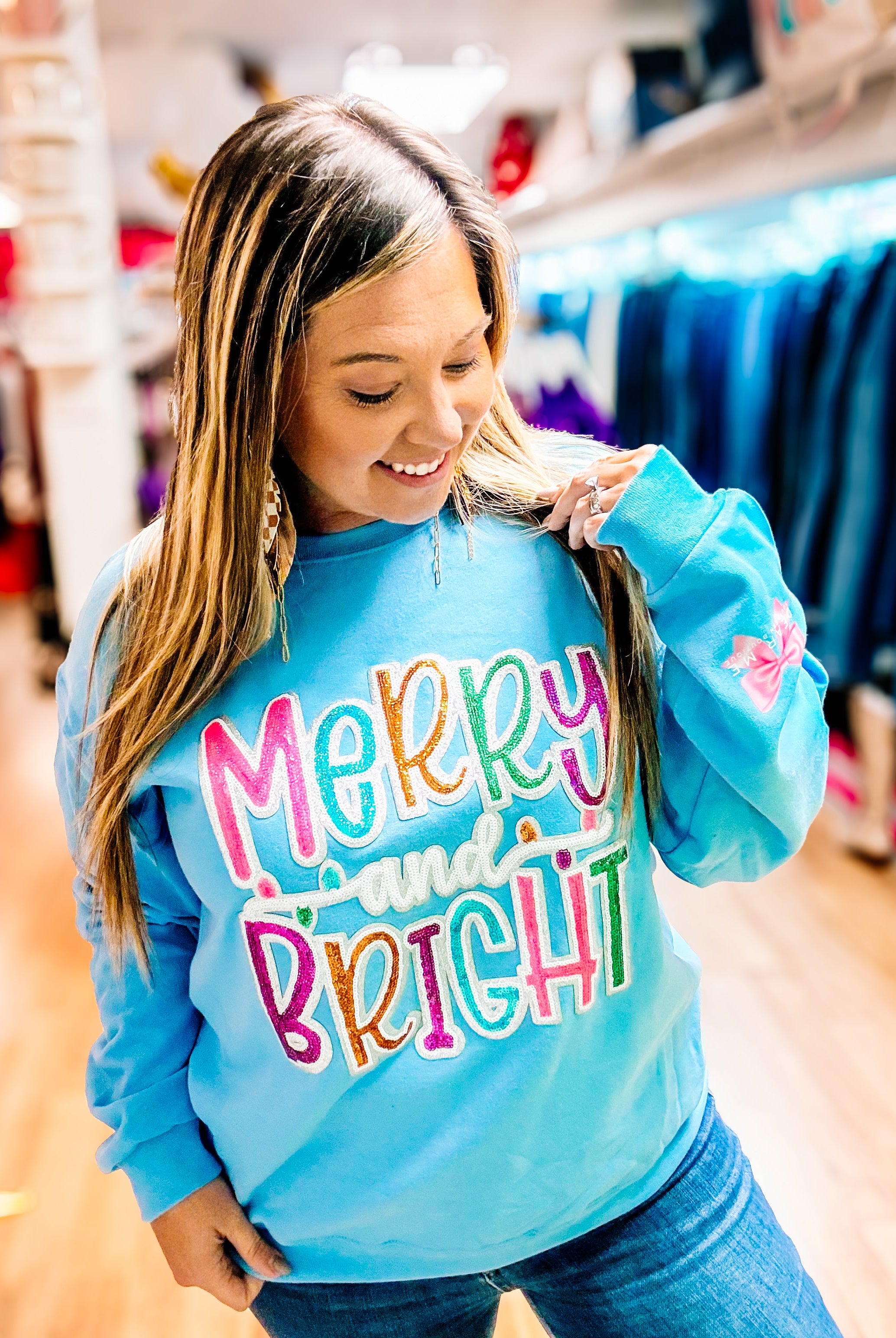 Merry and Bright Sequin Pullover-Graphic Tops-Dear Me Southern Boutique, located in DeRidder, Louisiana