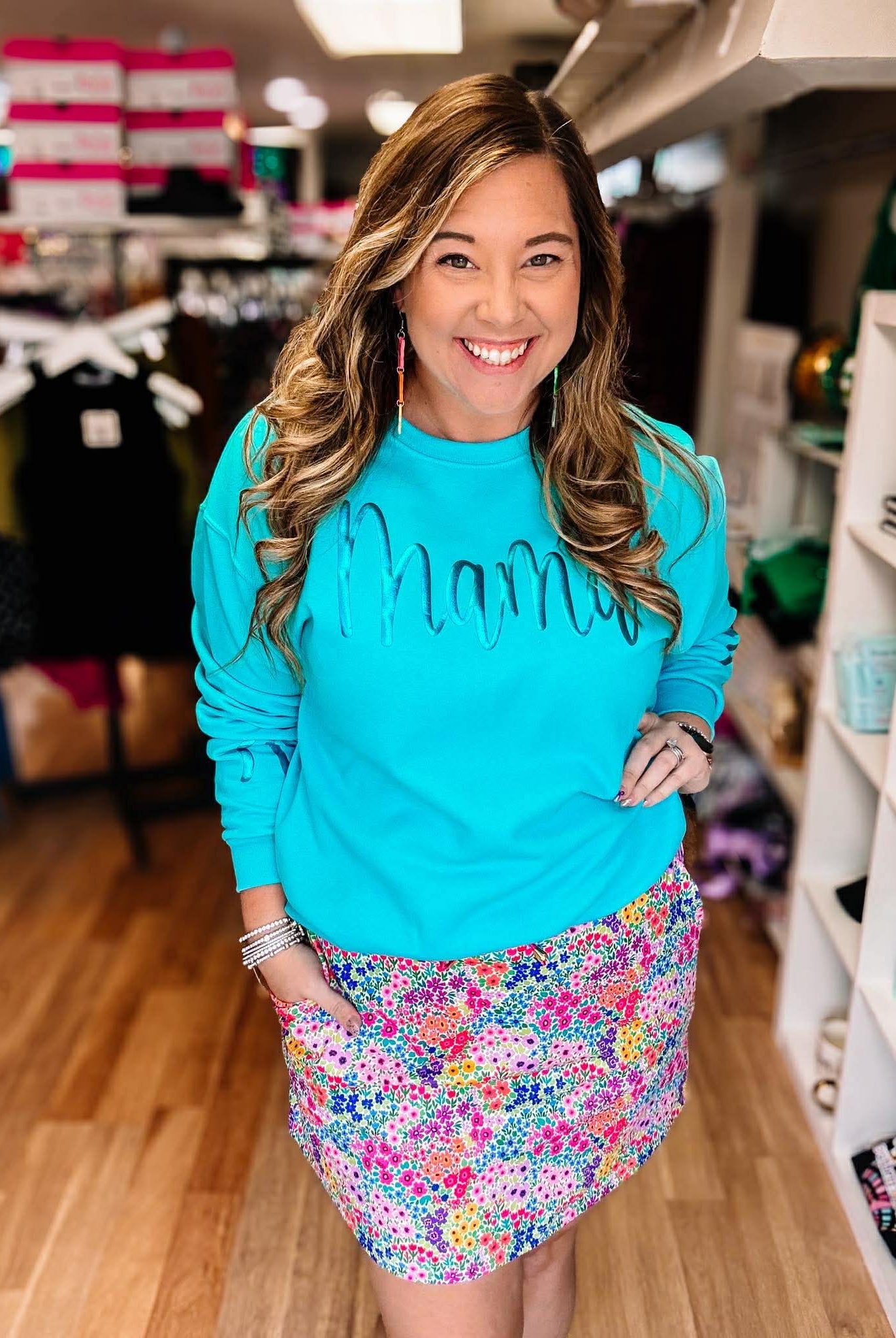 Metallic Mama Puff Crewneck - Aqua-Dear Me Southern Boutique, located in DeRidder, Louisiana