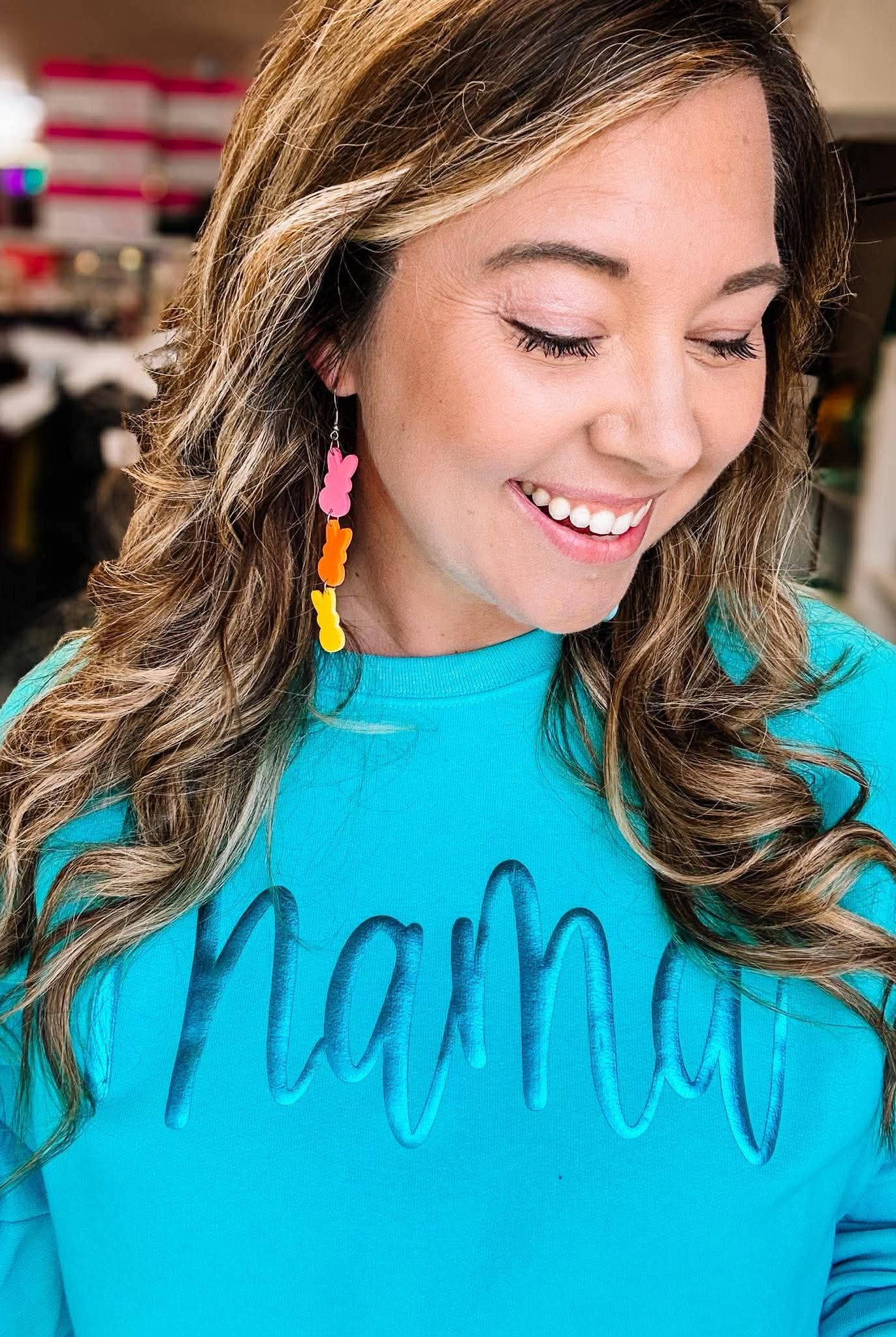 Metallic Mama Puff Crewneck - Aqua-Dear Me Southern Boutique, located in DeRidder, Louisiana