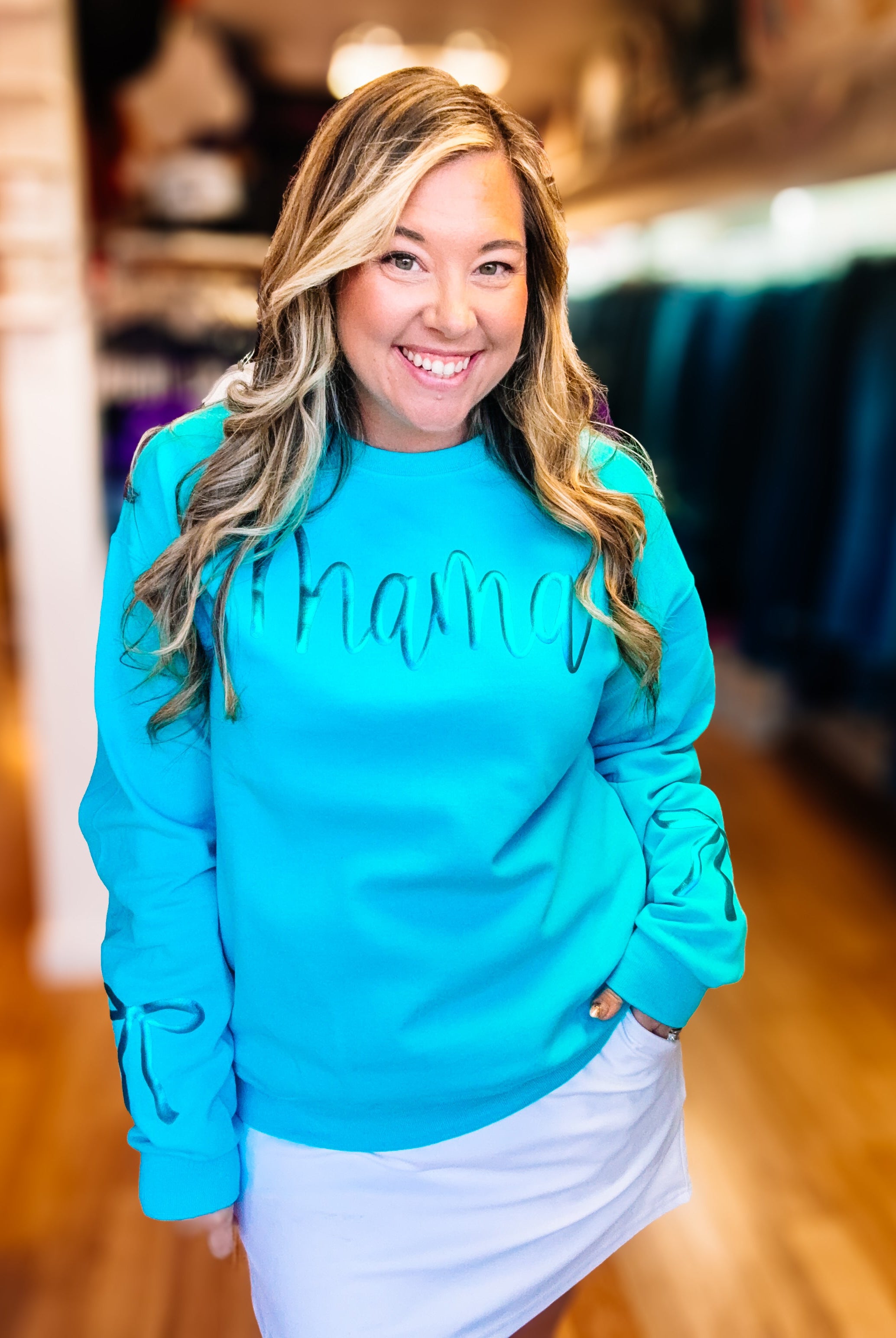 Metallic Mama Puff Crewneck - Aqua-Dear Me Southern Boutique, located in DeRidder, Louisiana
