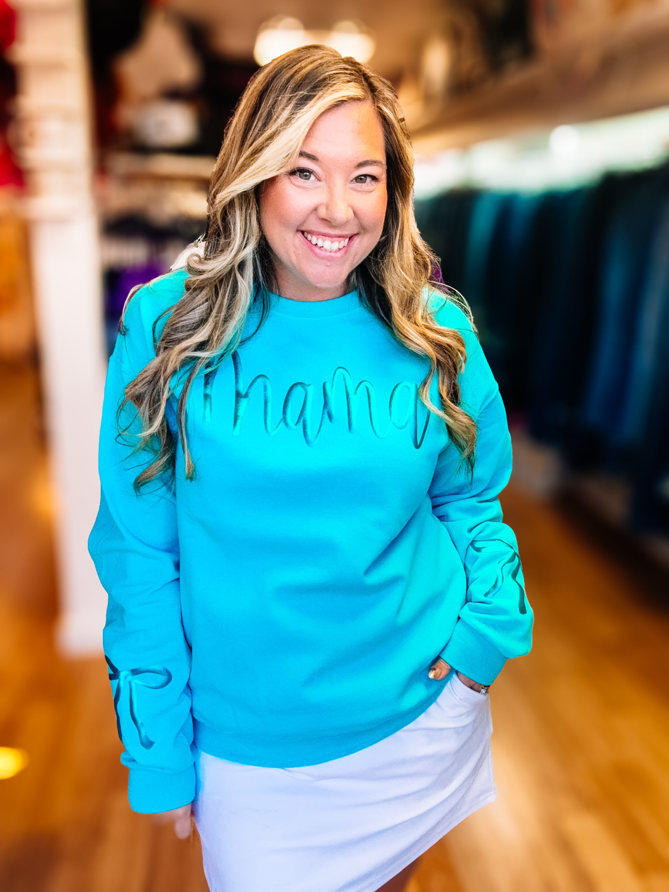 Metallic Mama Puff Crewneck - Aqua-Dear Me Southern Boutique, located in DeRidder, Louisiana