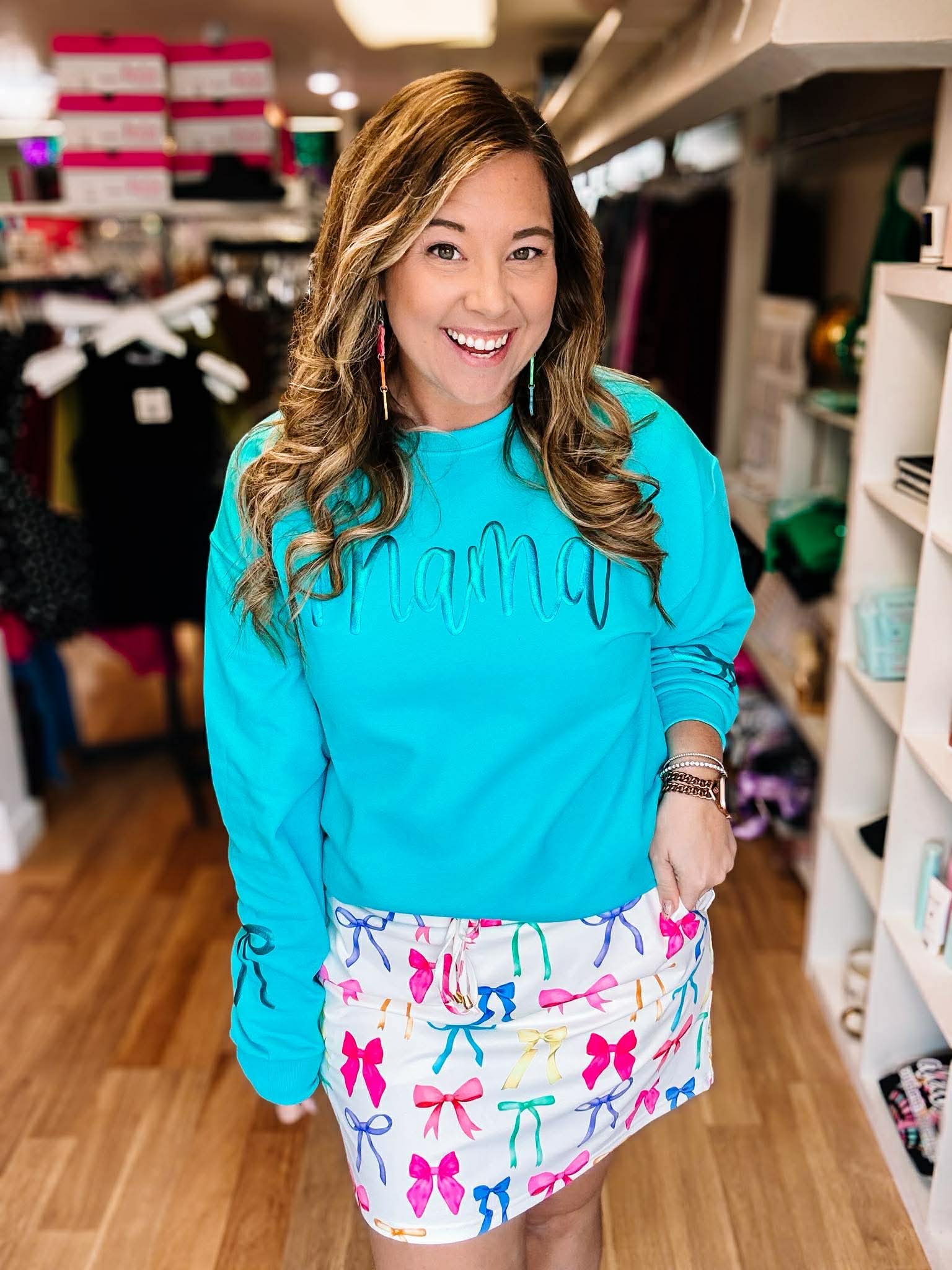 Metallic Mama Puff Crewneck - Aqua-Dear Me Southern Boutique, located in DeRidder, Louisiana