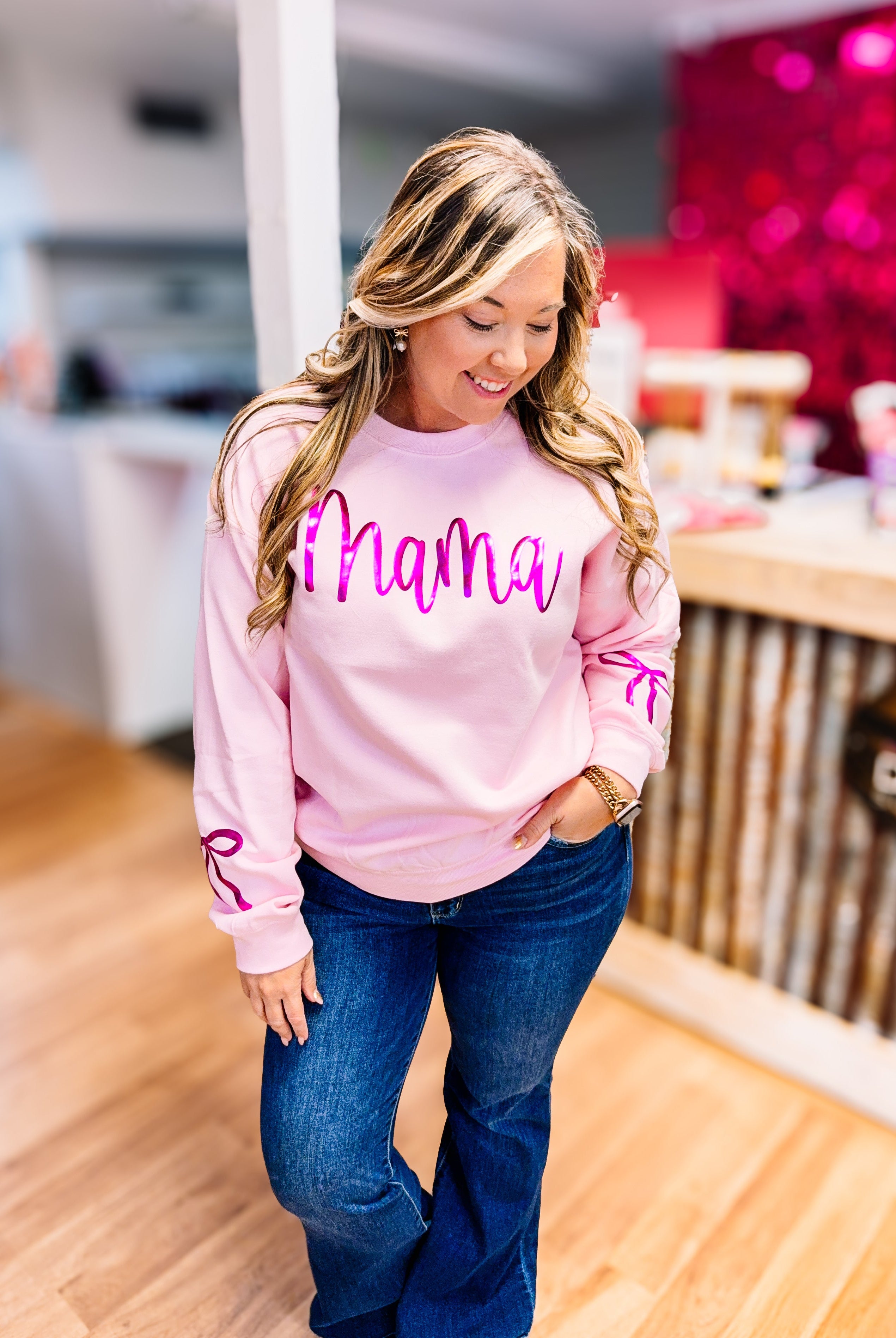 Metallic Mama Puff Crewneck - Pink-Dear Me Southern Boutique, located in DeRidder, Louisiana