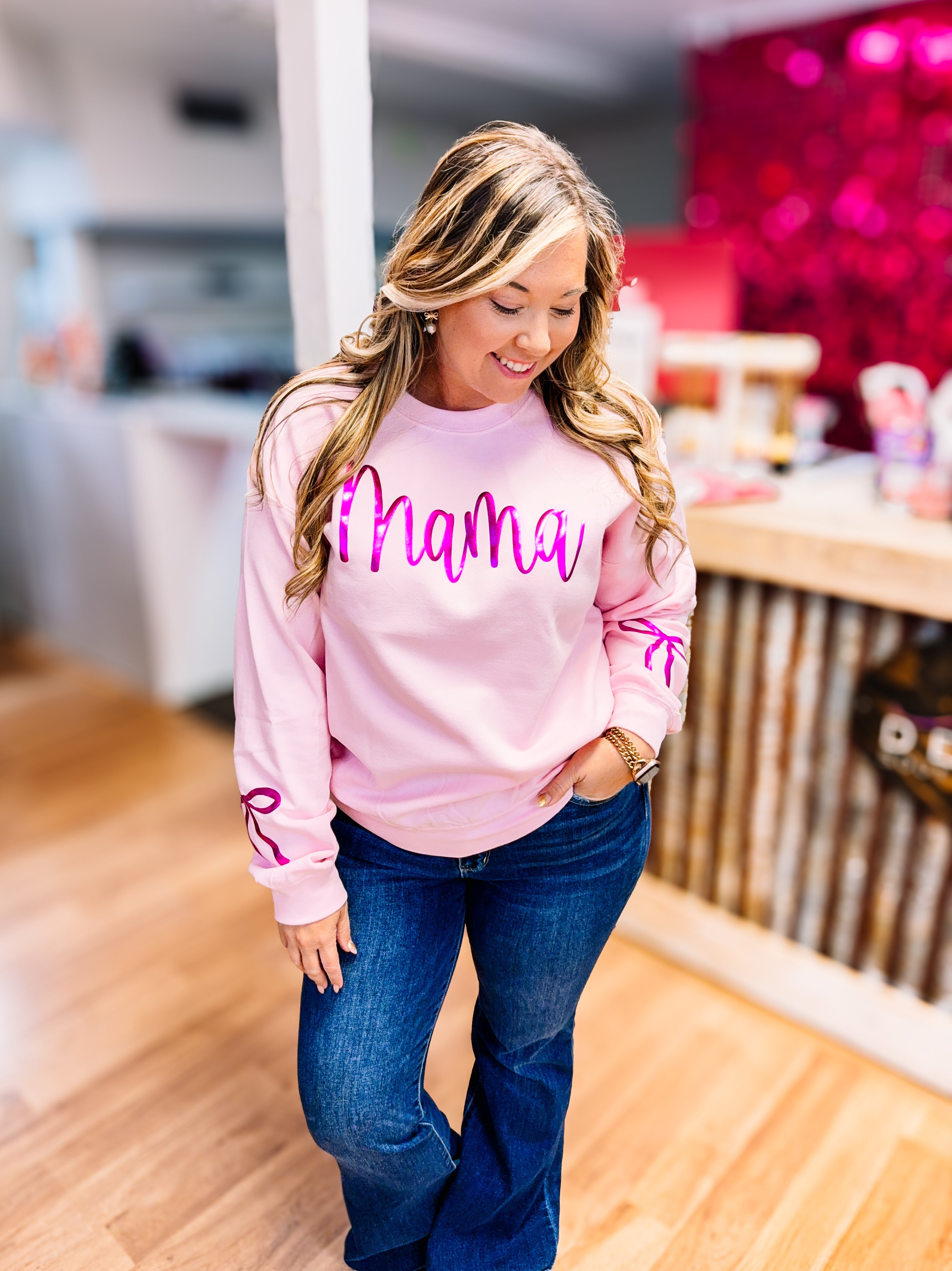 Metallic Mama Puff Crewneck - Pink-Dear Me Southern Boutique, located in DeRidder, Louisiana