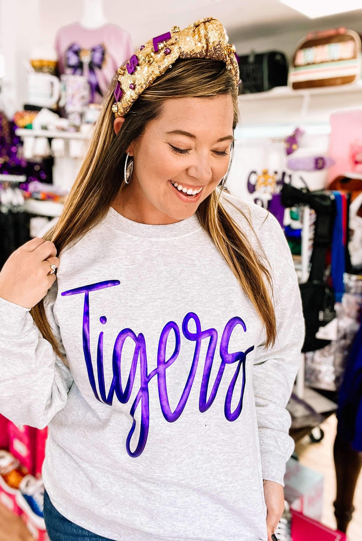 Metallic Puff Tigers Pullover-Game Day-Dear Me Southern Boutique, located in DeRidder, Louisiana