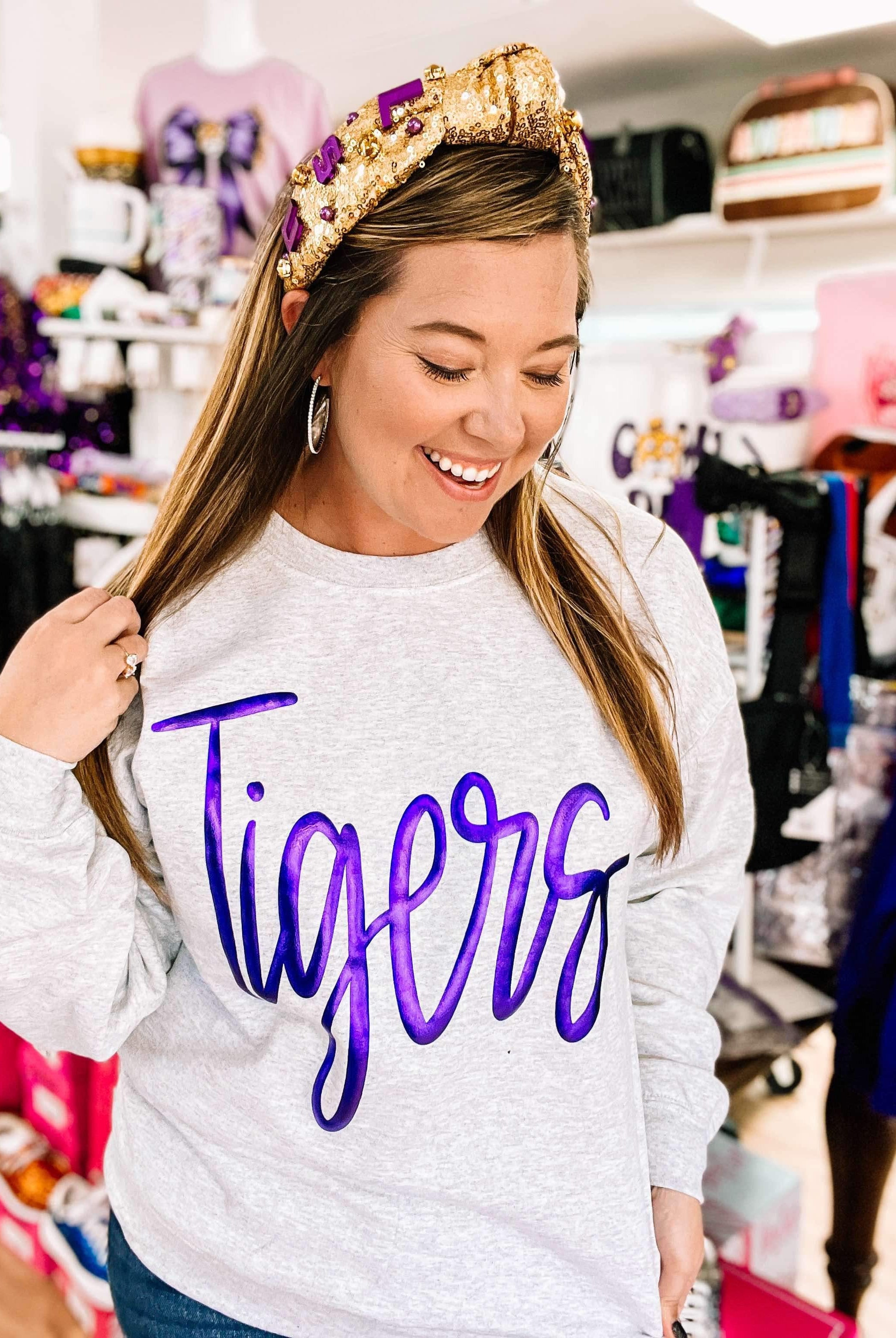 Metallic Puff Tigers Pullover-Graphic Tops-Dear Me Southern Boutique, located in DeRidder, Louisiana