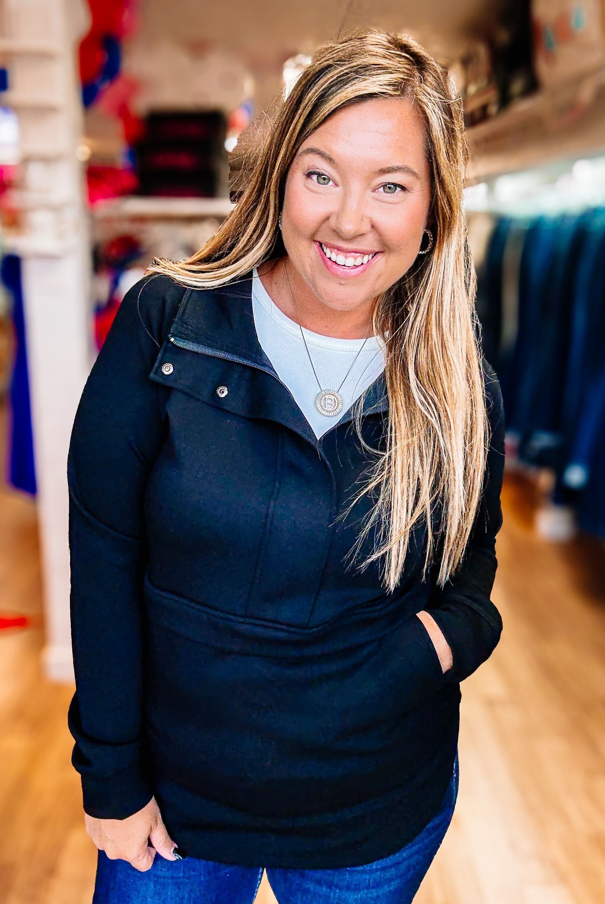 Mia Scuba Half Zip Hoodie- Black-Sweaters-Dear Me Southern Boutique, located in DeRidder, Louisiana