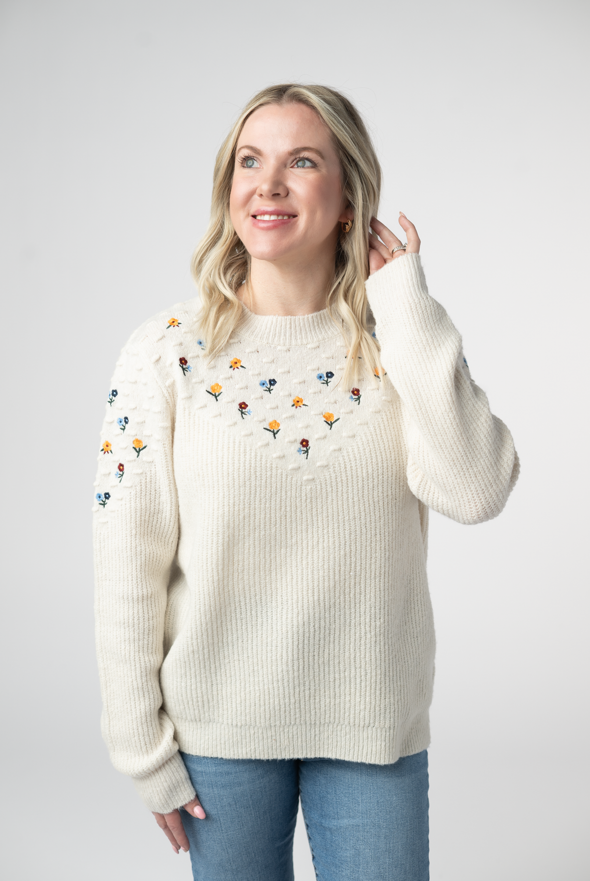 Micro Flower Sweater - Ivory-Sweaters-Dear Me Southern Boutique, located in DeRidder, Louisiana