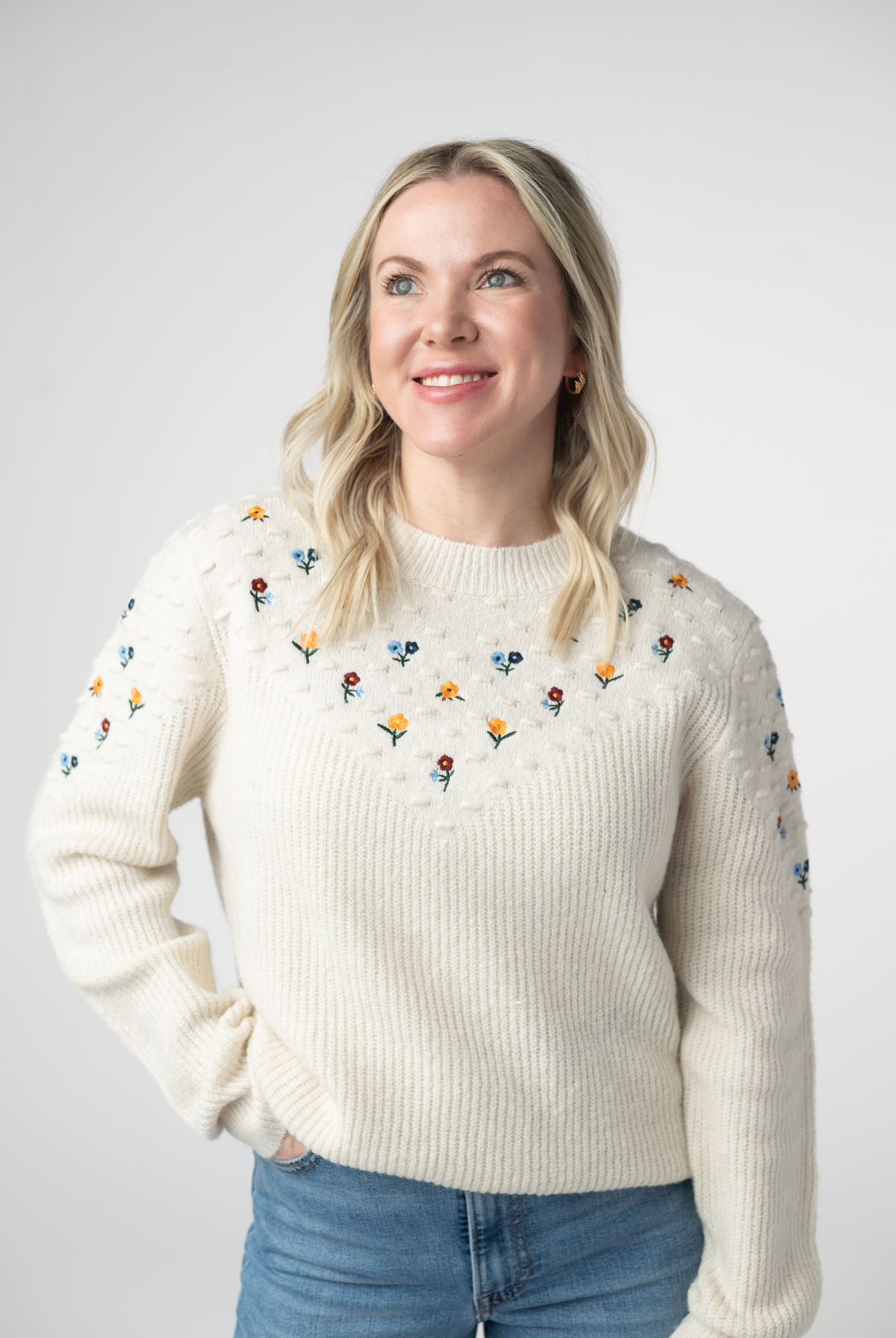 Micro Flower Sweater - Ivory-Sweaters-Dear Me Southern Boutique, located in DeRidder, Louisiana