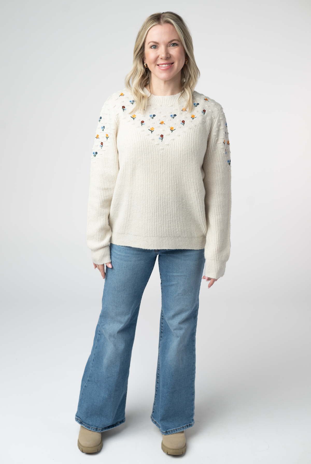 Micro Flower Sweater - Ivory-Sweaters-Dear Me Southern Boutique, located in DeRidder, Louisiana