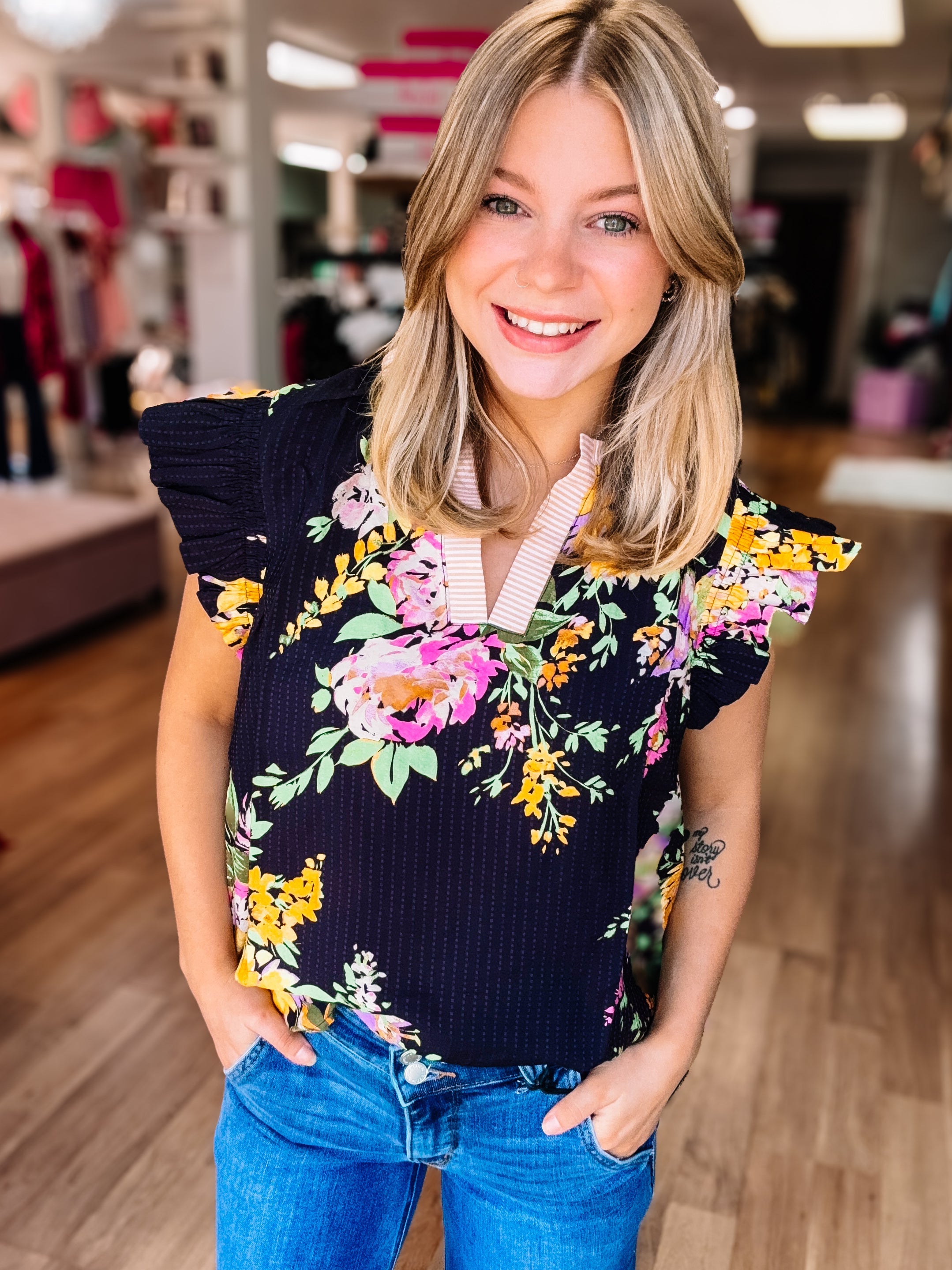 Midnight Bloom Ruffle Blouse-Blouses-Dear Me Southern Boutique, located in DeRidder, Louisiana