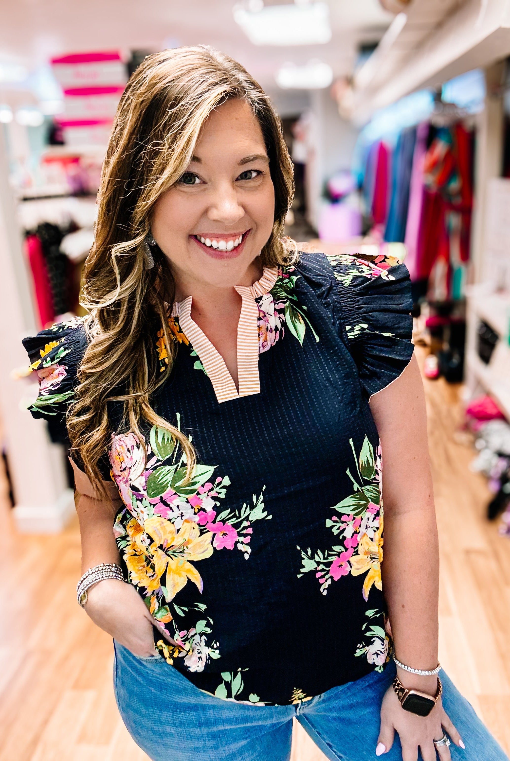 Midnight Bloom Ruffle Blouse-Blouses-Dear Me Southern Boutique, located in DeRidder, Louisiana