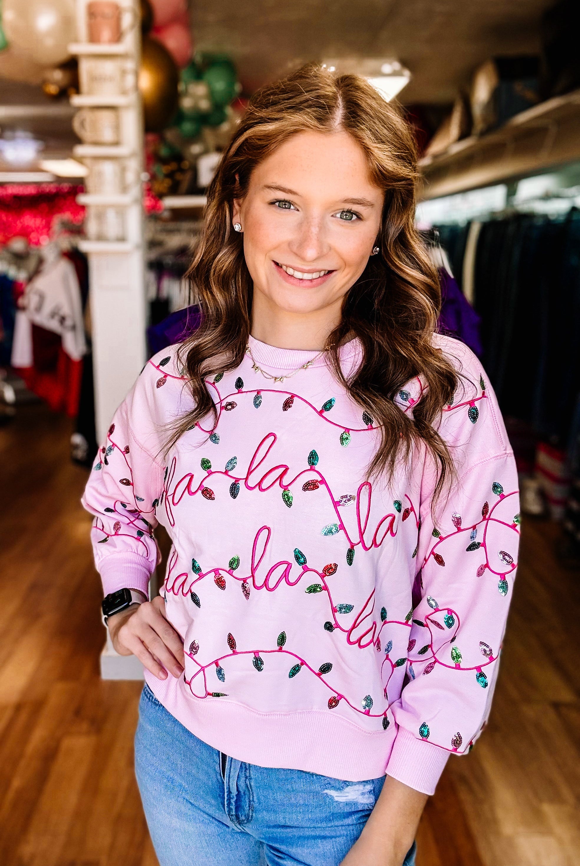 Millie Falala Lights Sequin Pullover-Graphic Tops-Dear Me Southern Boutique, located in DeRidder, Louisiana