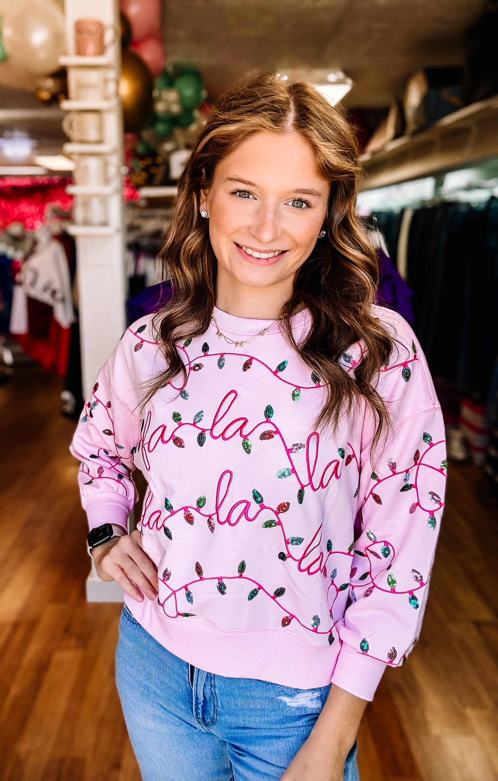 Millie Falala Lights Sequin Pullover-Graphic Tops-Dear Me Southern Boutique, located in DeRidder, Louisiana