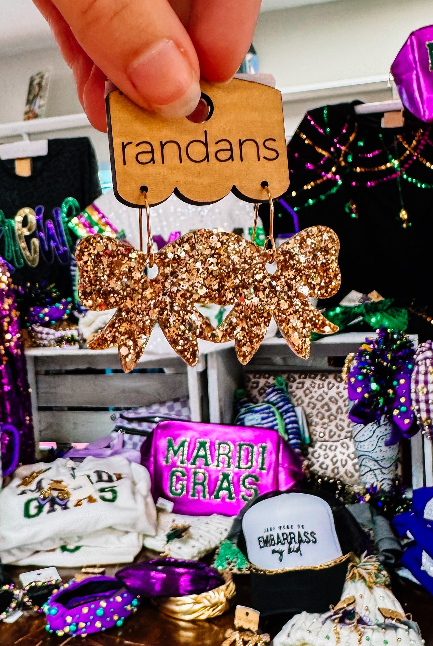 Mini Bow Randans - Gold Glitter-Earrings-Dear Me Southern Boutique, located in DeRidder, Louisiana