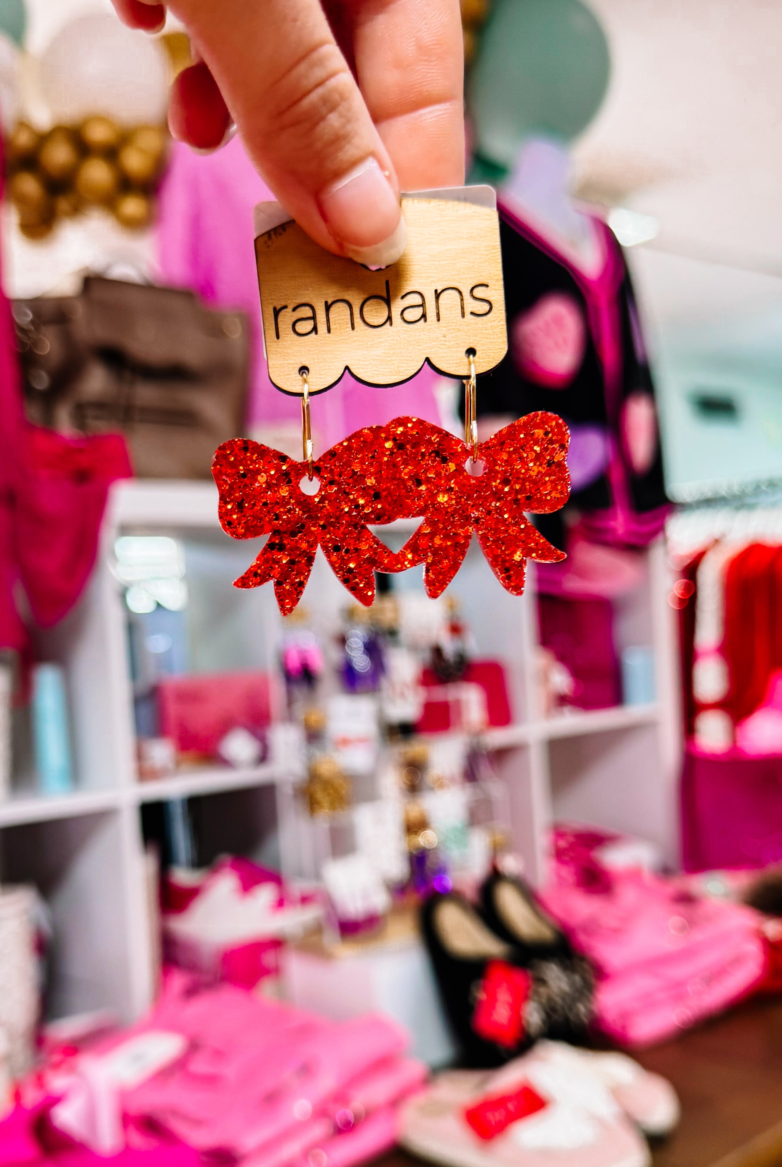 Mini Bow Randans - Red Glitter-Earrings-Dear Me Southern Boutique, located in DeRidder, Louisiana