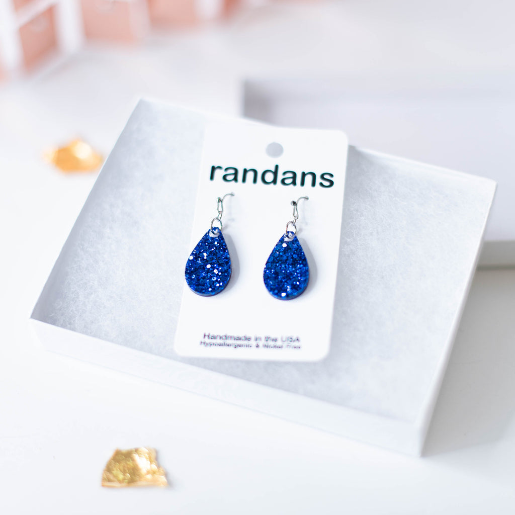 Mini Teardrop Randans Dangles - Blue Glitter-Earrings-Dear Me Southern Boutique, located in DeRidder, Louisiana