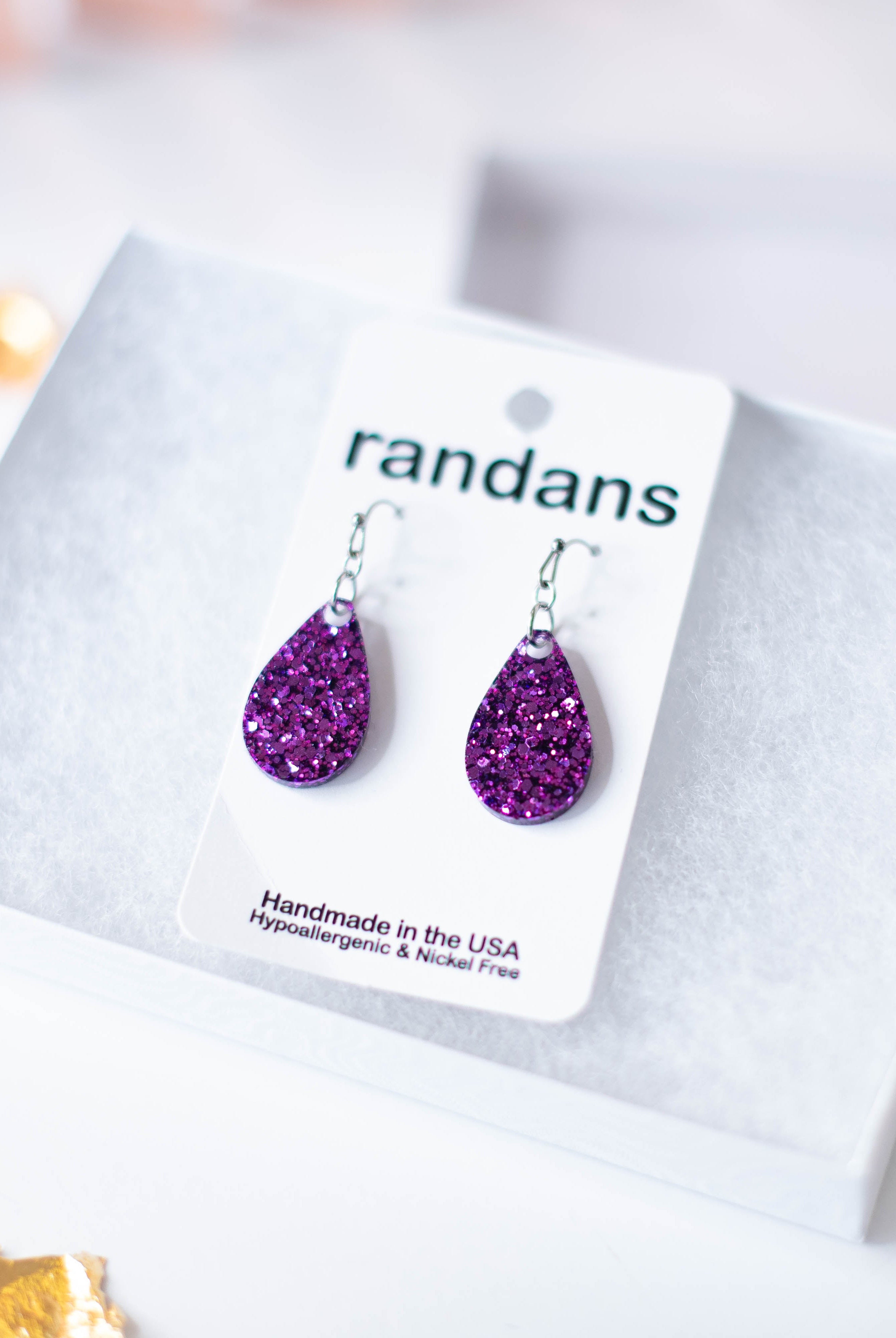 Mini Teardrop Randans Dangles - Purple Glitter-Earrings-Dear Me Southern Boutique, located in DeRidder, Louisiana
