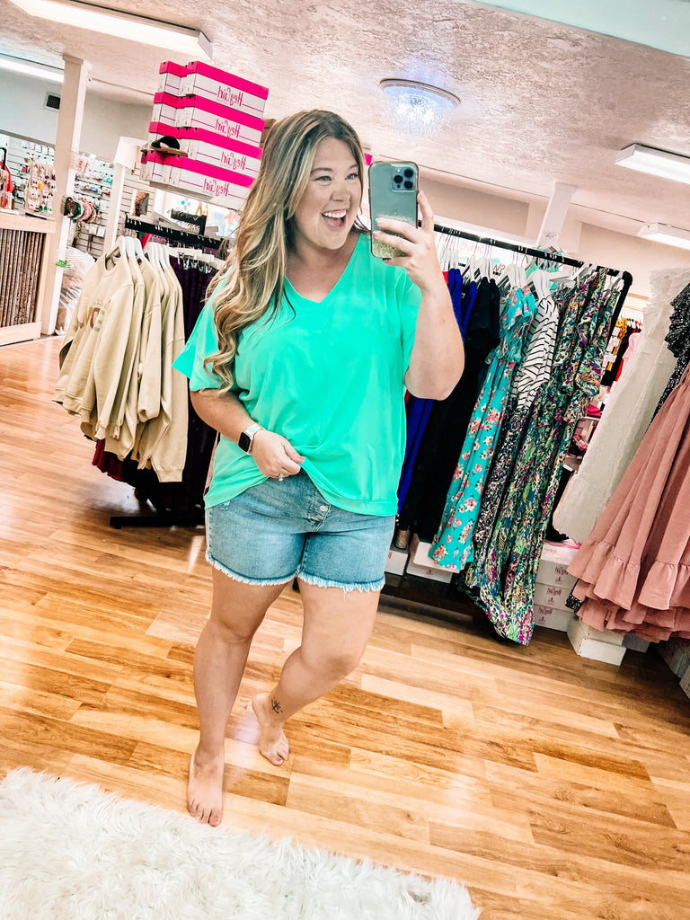 Mint To Be V-Neck Top-Tops-Dear Me Southern Boutique, located in DeRidder, Louisiana