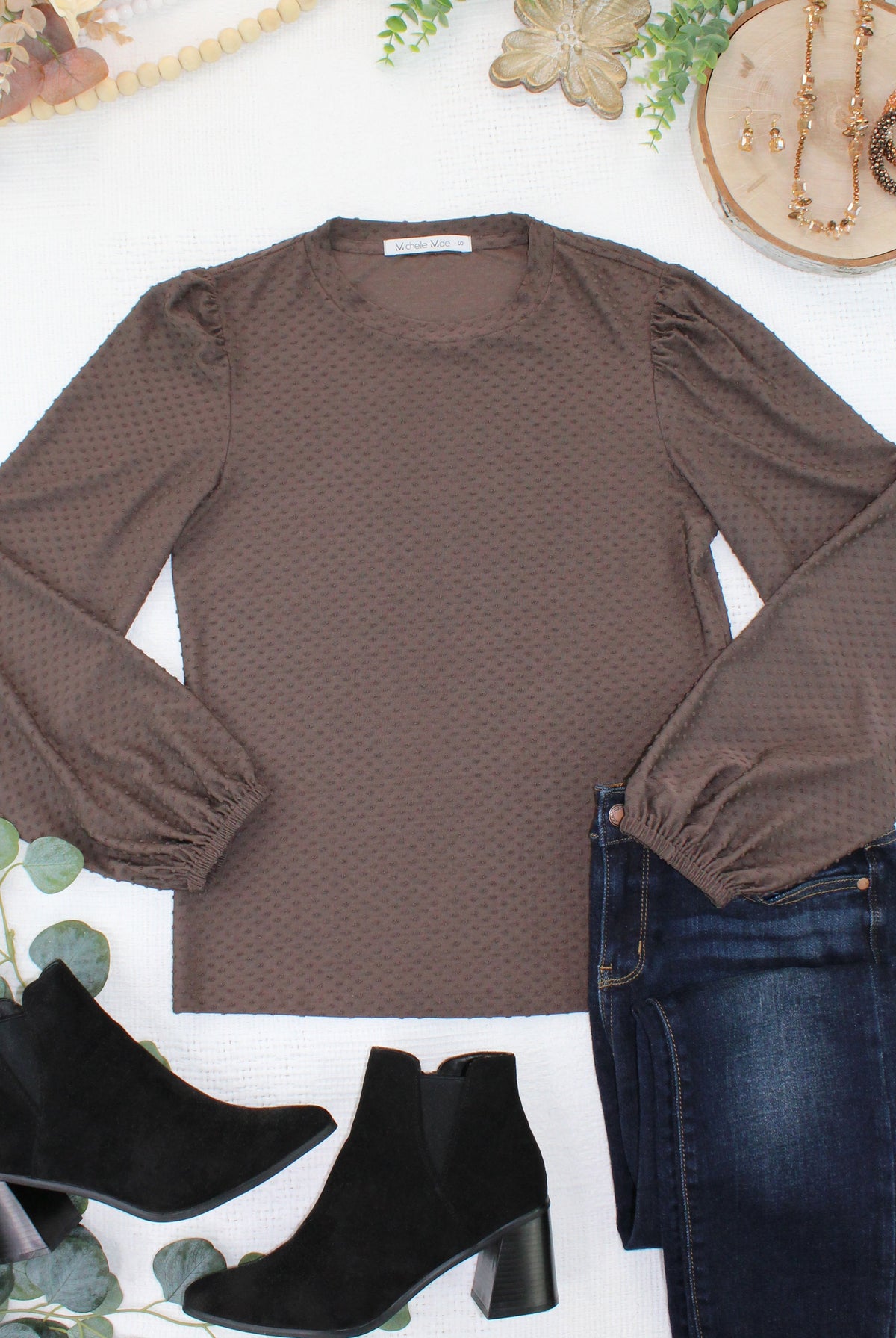Miranda Dot Top - Brown-Tops-Dear Me Southern Boutique, located in DeRidder, Louisiana