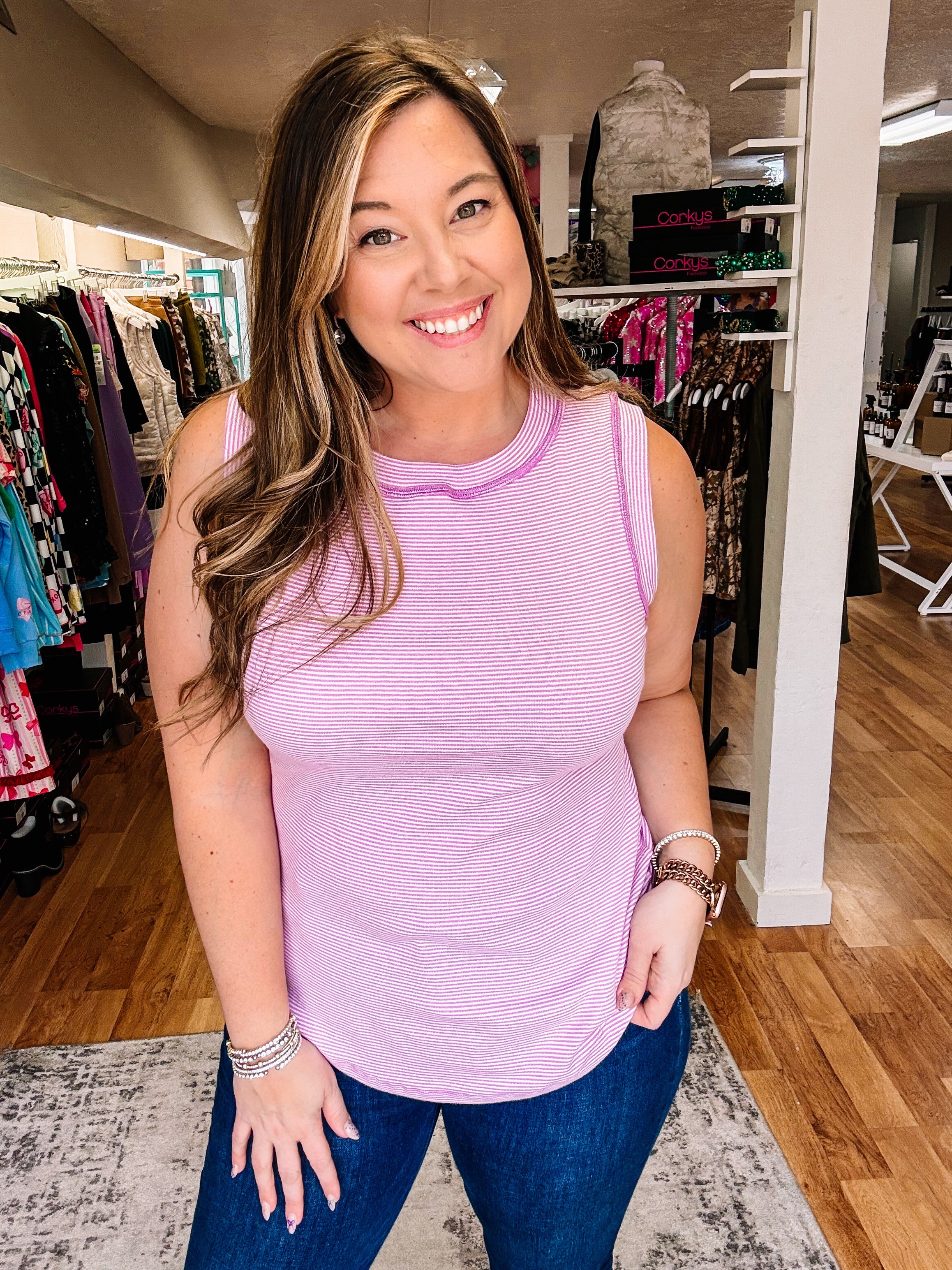 Morgan Micro Striped Tank - Orchid-Dear Me Southern Boutique, located in DeRidder, Louisiana