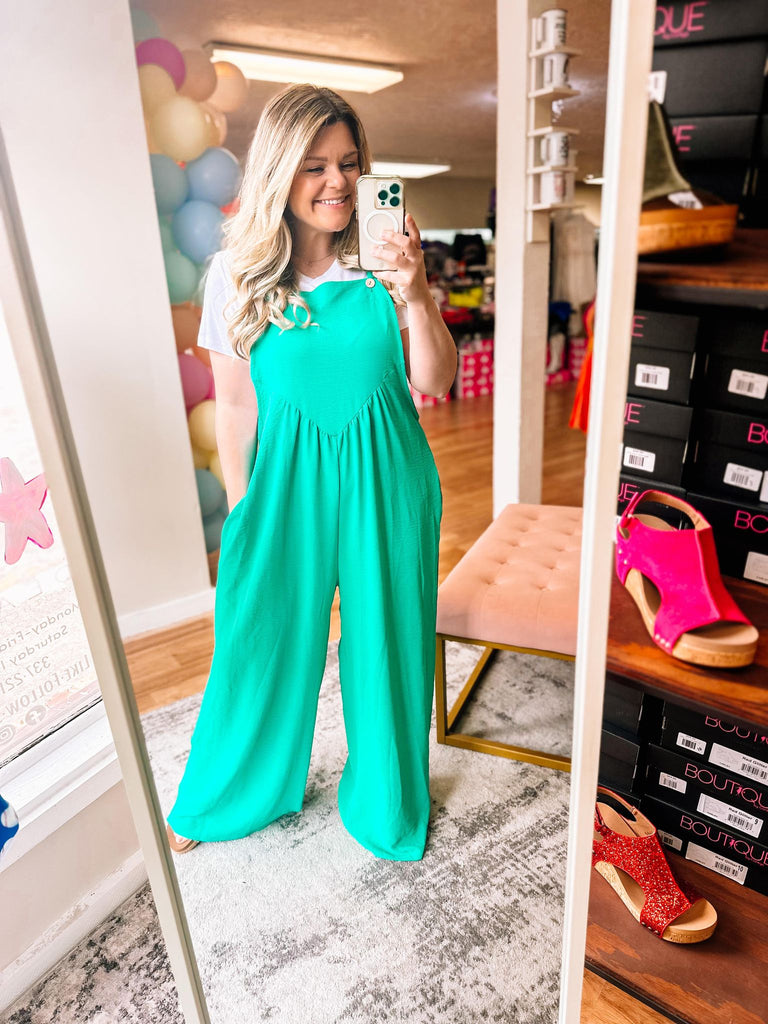 Move On Over Emerald Jumpsuit-Bottoms-Dear Me Southern Boutique, located in DeRidder, Louisiana