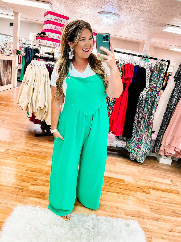 Move On Over Emerald Jumpsuit-Bottoms-Dear Me Southern Boutique, located in DeRidder, Louisiana