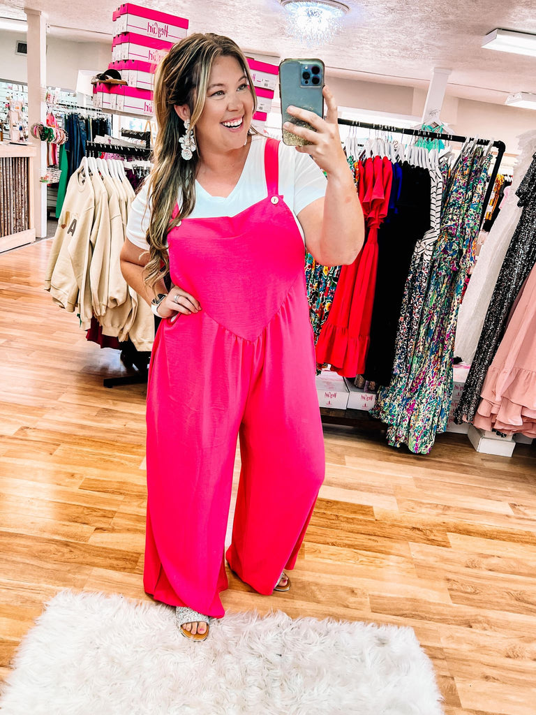 Move On Over Hot Pink Jumpsuit-Bottoms-Dear Me Southern Boutique, located in DeRidder, Louisiana