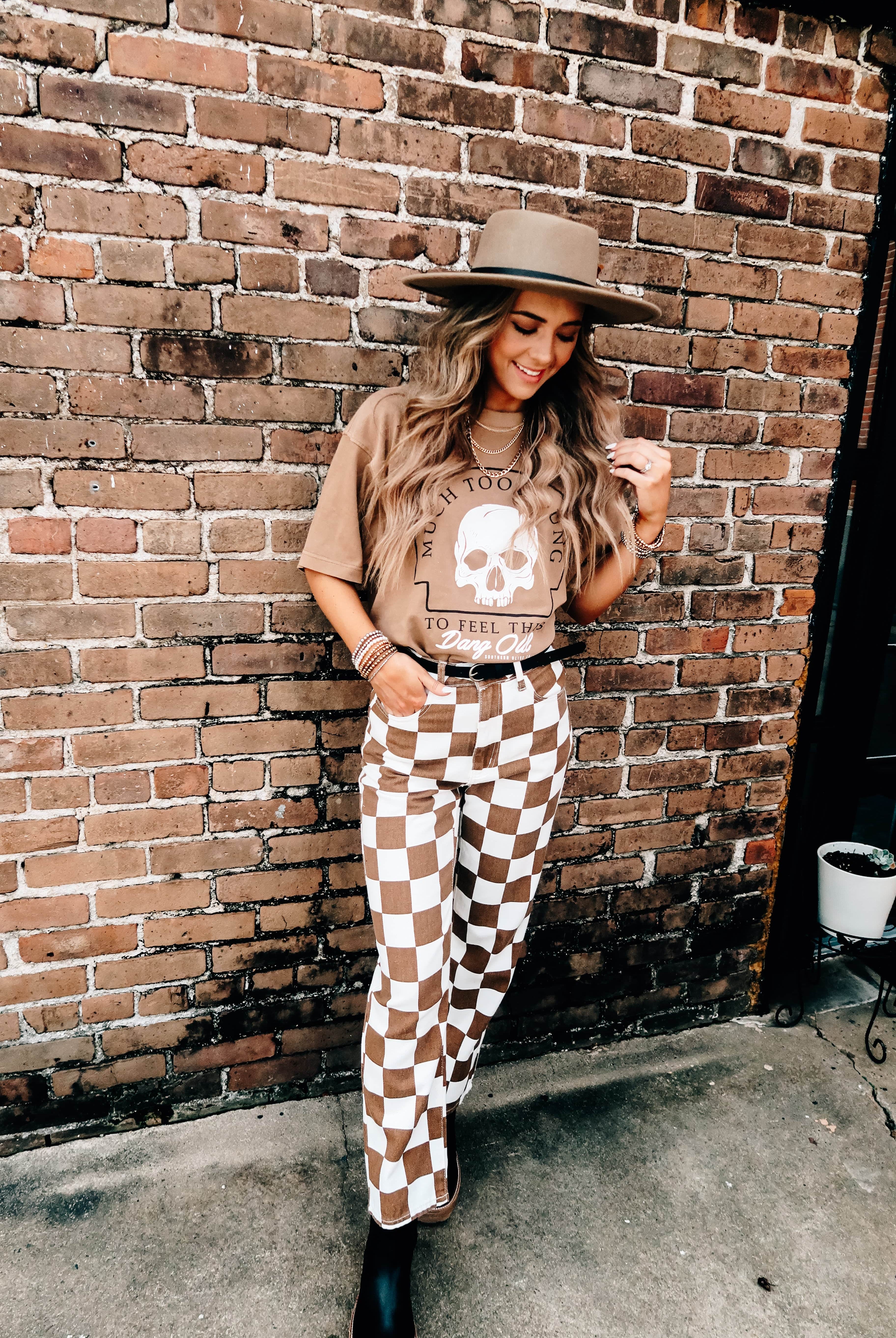 Much Too Young Cut Mock Neck Tee-Dear Me Southern Boutique, located in DeRidder, Louisiana