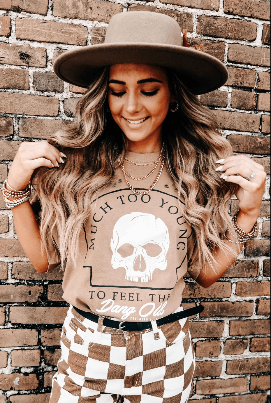 Much Too Young Cut Mock Neck Tee-Dear Me Southern Boutique, located in DeRidder, Louisiana