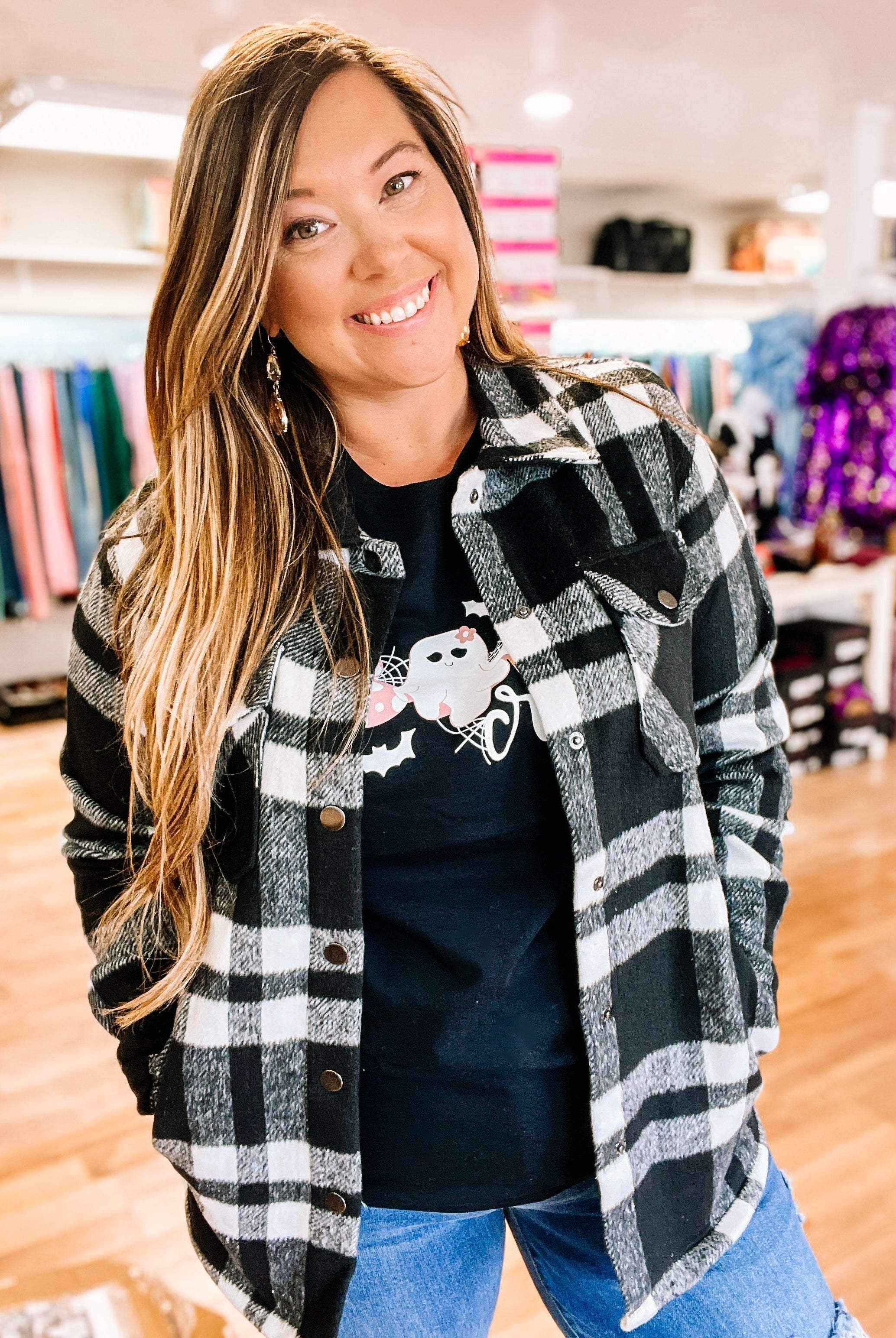 Norah Plaid Shacket- Black and White-Jackets-Dear Me Southern Boutique, located in DeRidder, Louisiana