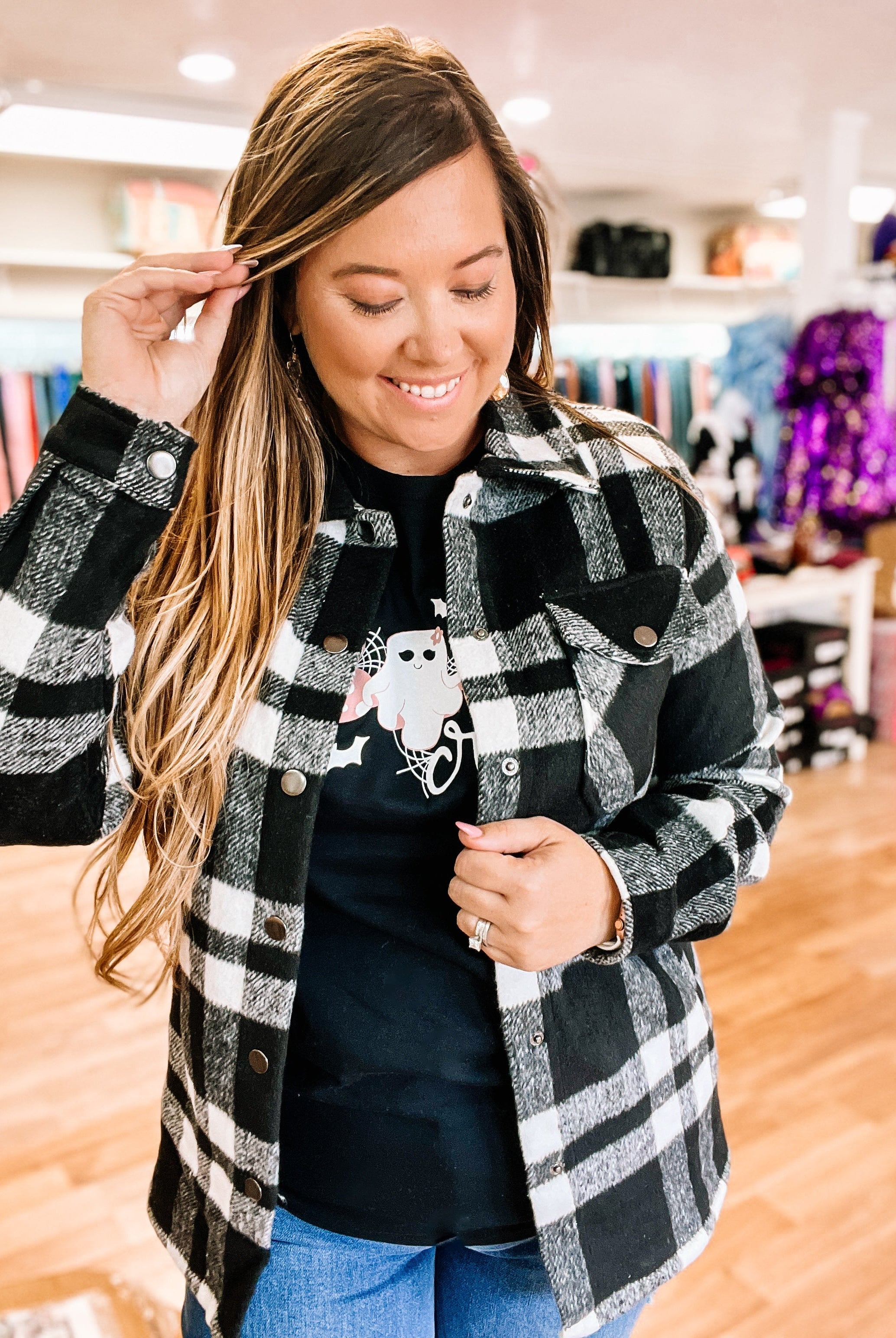Norah Plaid Shacket- Black and White-Jackets-Dear Me Southern Boutique, located in DeRidder, Louisiana