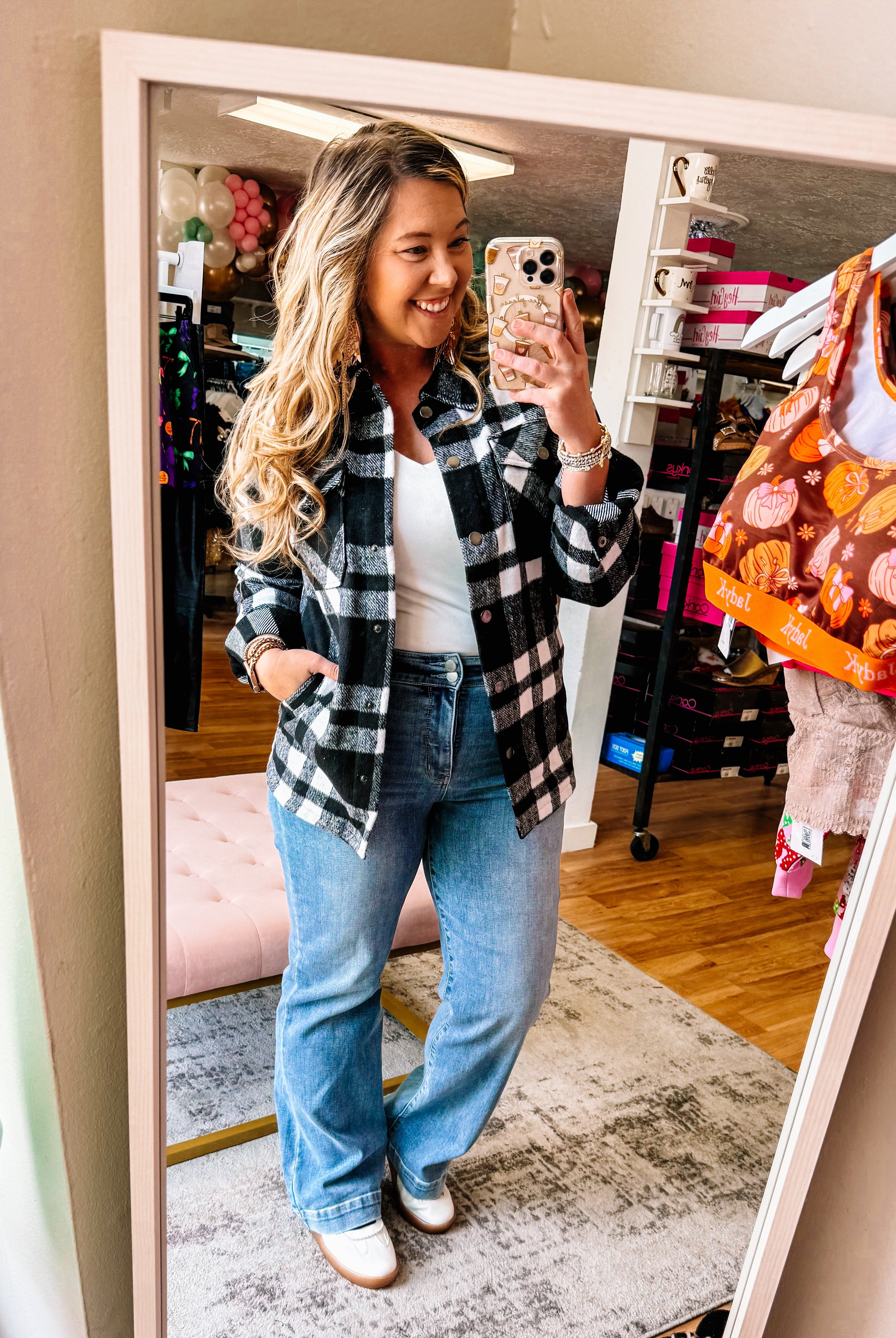 Norah Plaid Shacket- Black and White-Jackets-Dear Me Southern Boutique, located in DeRidder, Louisiana