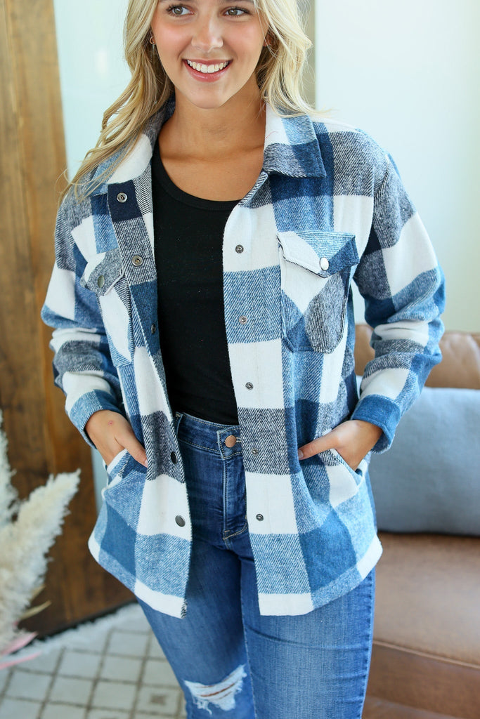 Norah Plaid Shacket - Blue Mix Plaid (INSTOCK)-Dear Me Southern Boutique, located in DeRidder, Louisiana