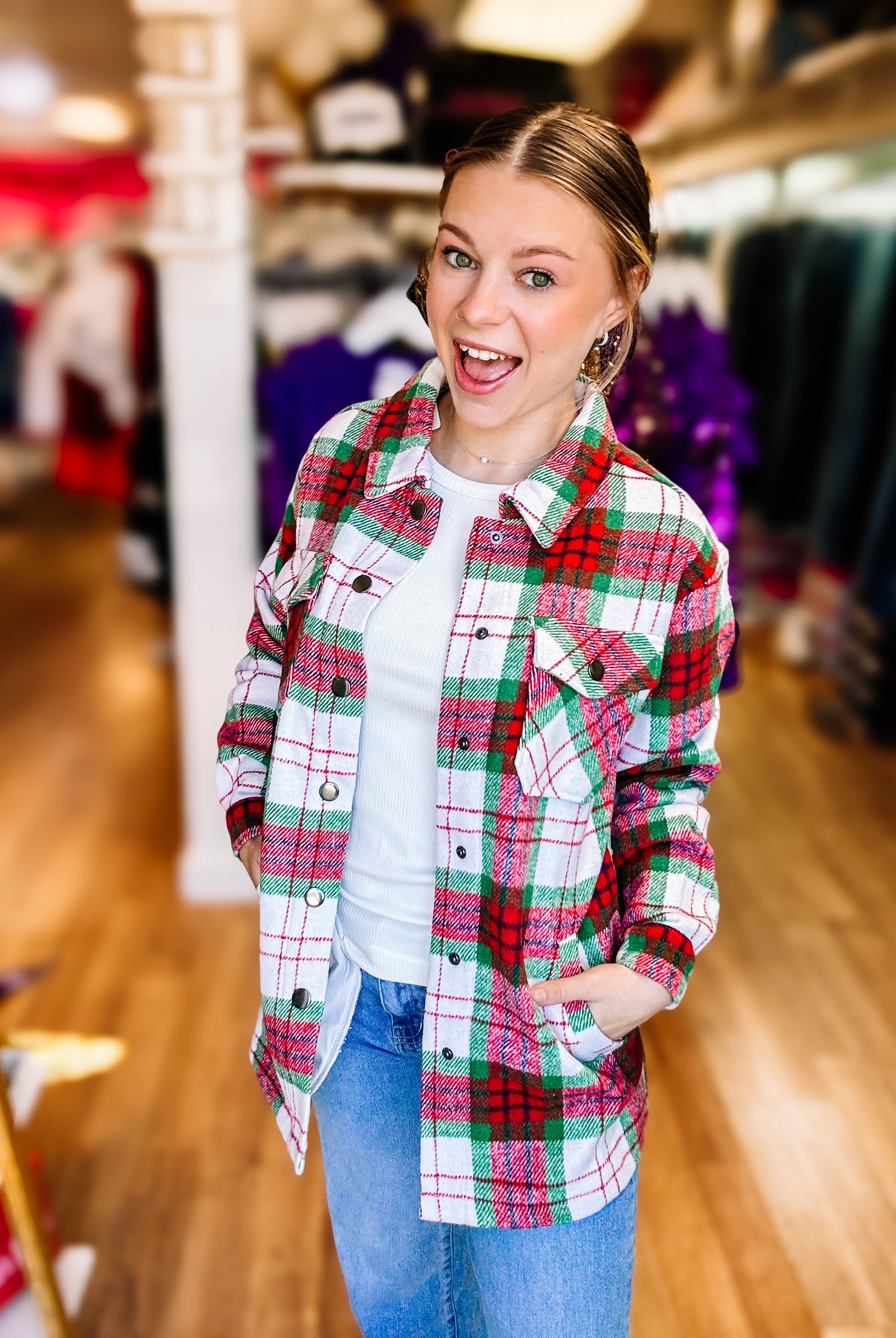 Norah Plaid Shacket - Christmas Plaid-Jackets-Dear Me Southern Boutique, located in DeRidder, Louisiana