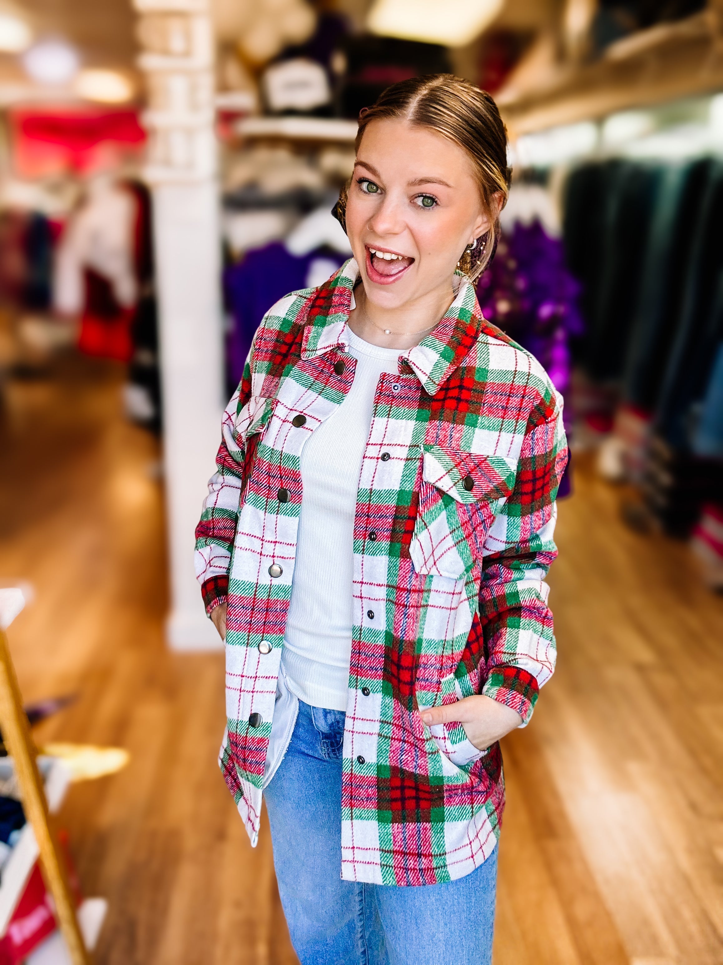 Norah Plaid Shacket - Christmas Plaid-Jackets-Dear Me Southern Boutique, located in DeRidder, Louisiana