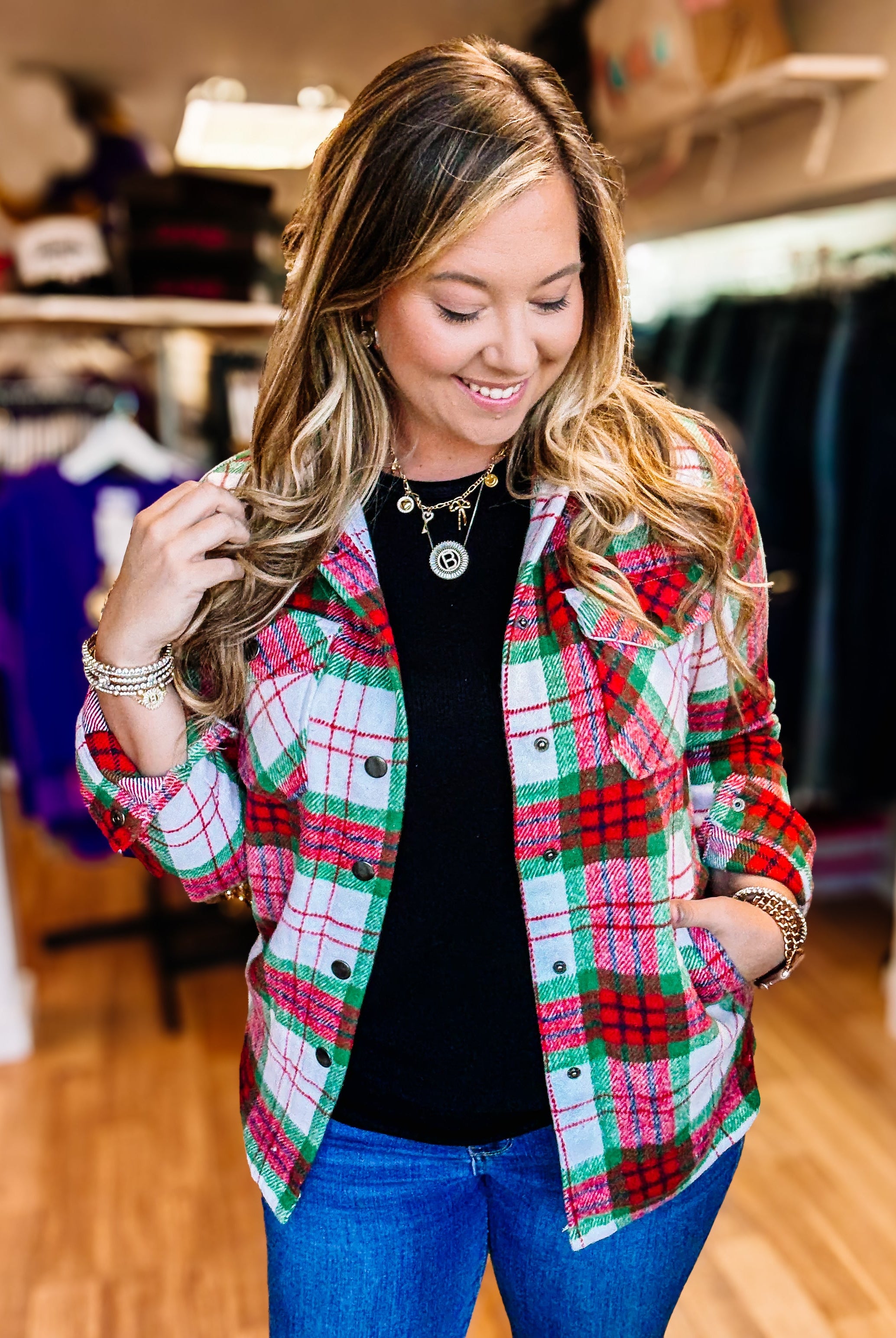 Norah Plaid Shacket - Christmas Plaid-Jackets-Dear Me Southern Boutique, located in DeRidder, Louisiana
