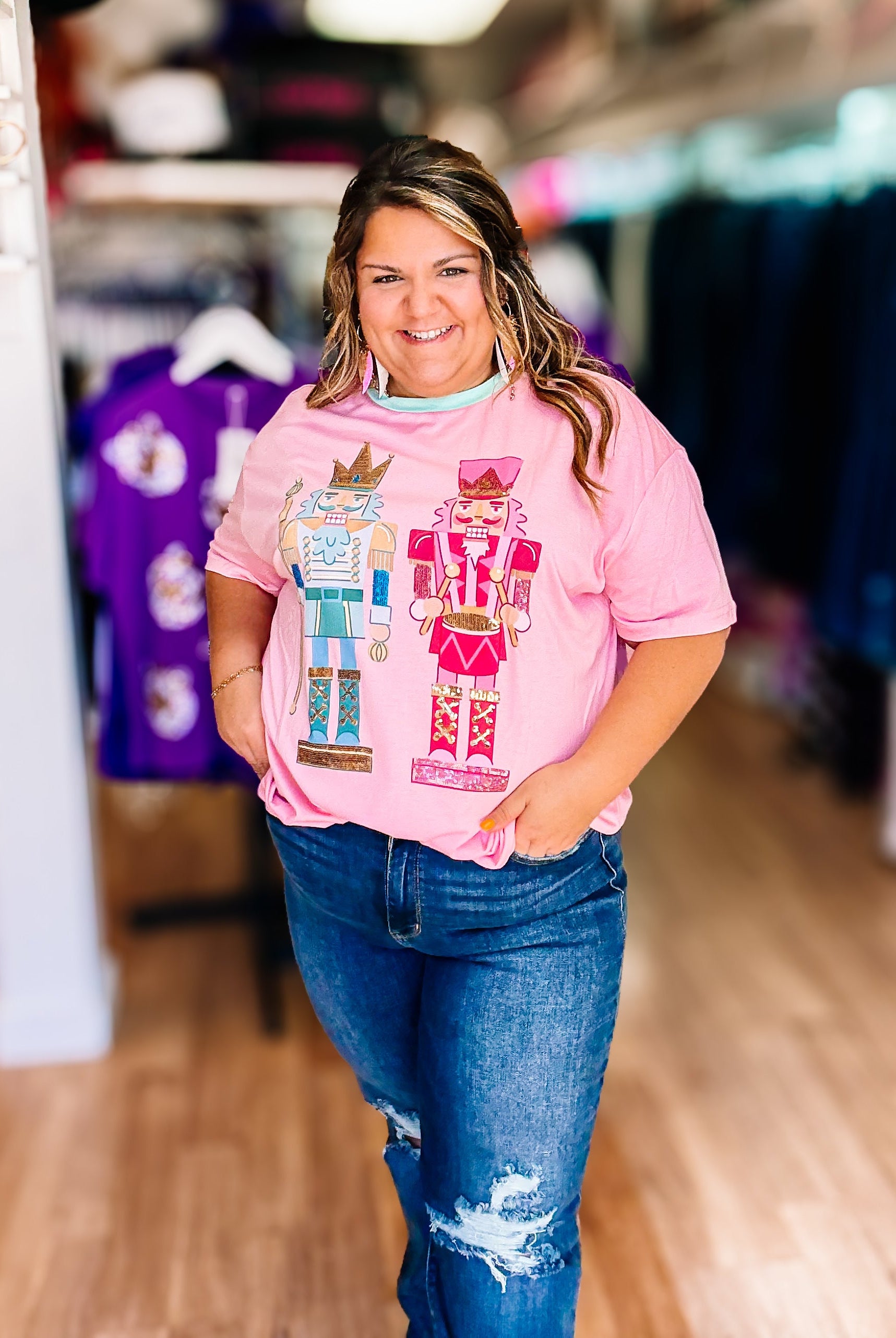 Nutcracker Vibes Sequin Embroidered Oversized Tee-Graphic Tops-Dear Me Southern Boutique, located in DeRidder, Louisiana