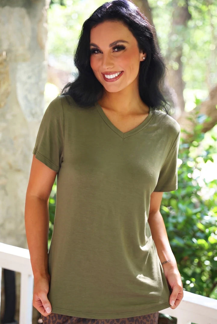 Olive Basic Tee-Blouses-Dear Me Southern Boutique, located in DeRidder, Louisiana