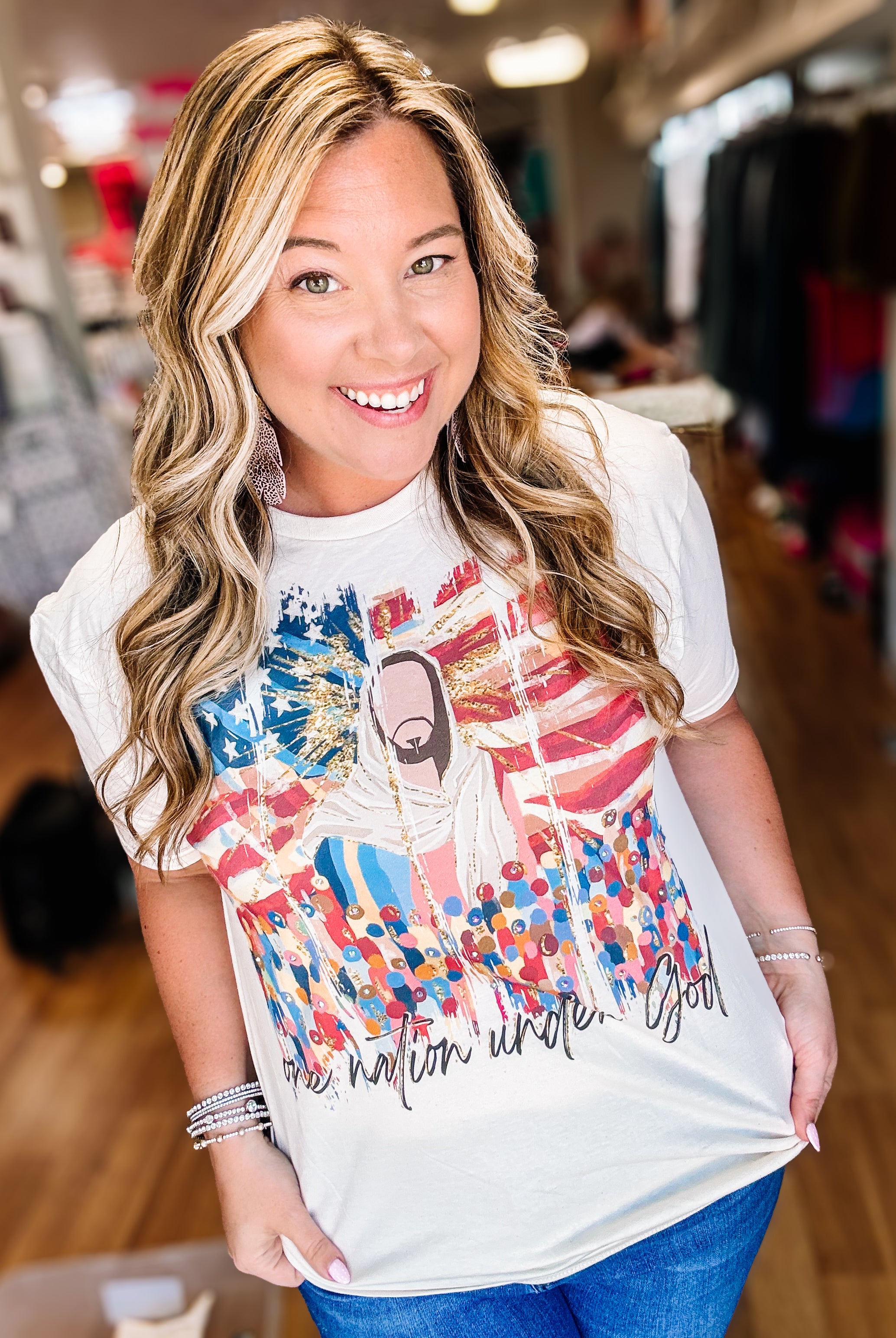 One Nation Under God Bougie Rhinestone Tee-Dear Me Southern Boutique, located in DeRidder, Louisiana