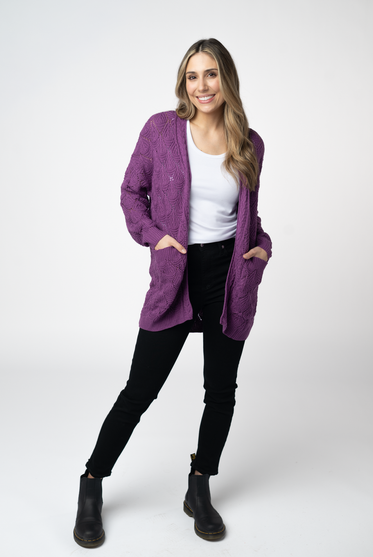 Open Knit Cardigan - Purple-Cardigans-Dear Me Southern Boutique, located in DeRidder, Louisiana