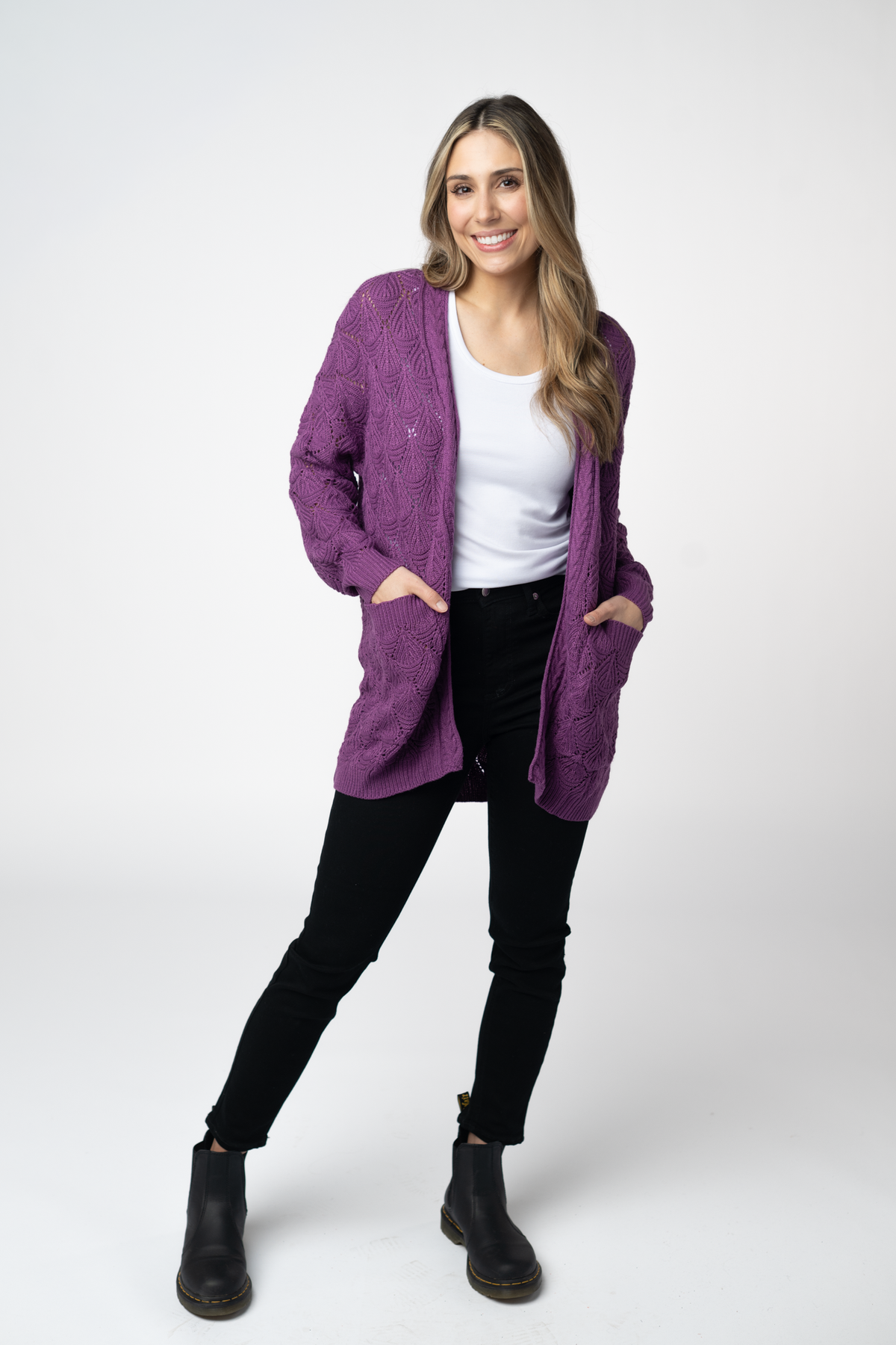 Open Knit Cardigan - Purple-Cardigans-Dear Me Southern Boutique, located in DeRidder, Louisiana