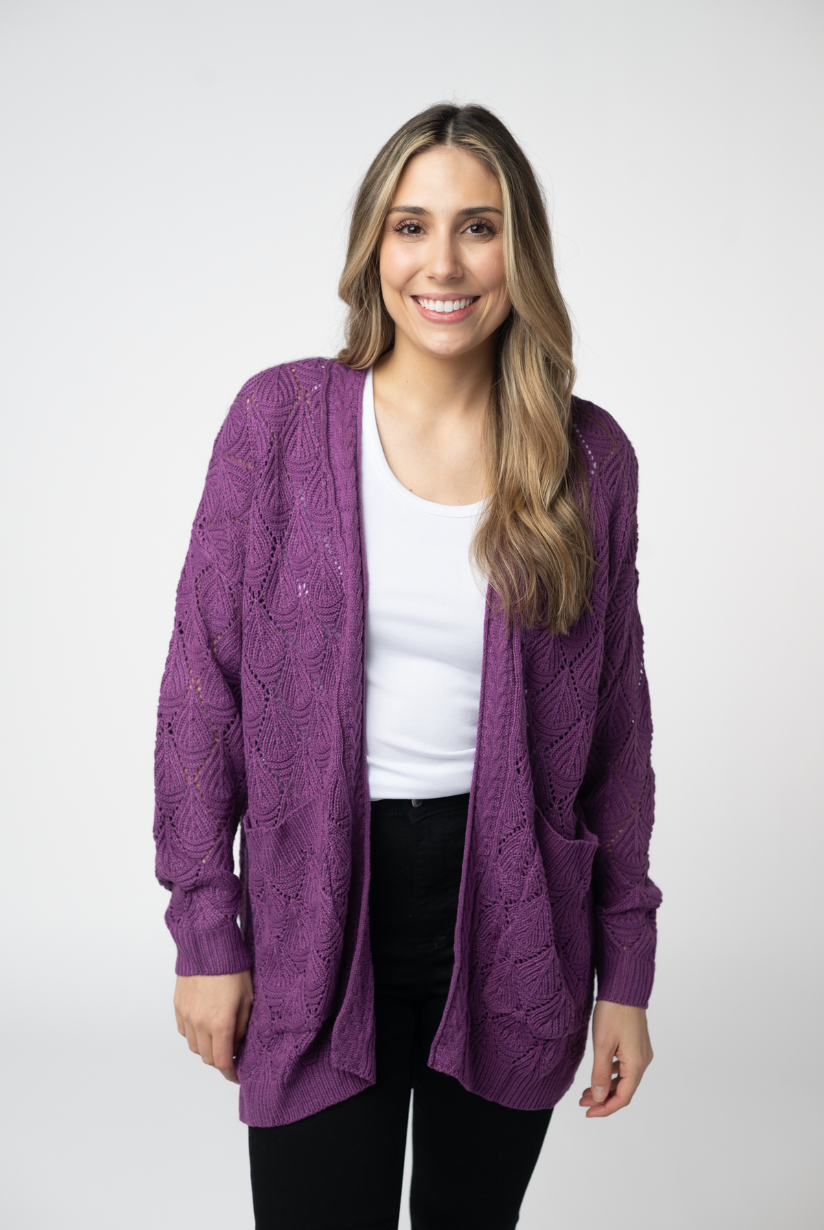 Open Knit Cardigan - Purple-Cardigans-Dear Me Southern Boutique, located in DeRidder, Louisiana