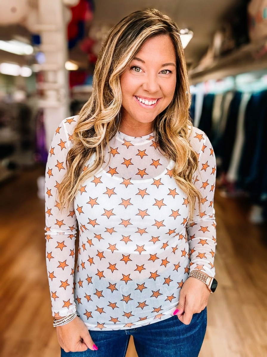 Orange Star Mesh Celestial Layer Top-Tops-Dear Me Southern Boutique, located in DeRidder, Louisiana