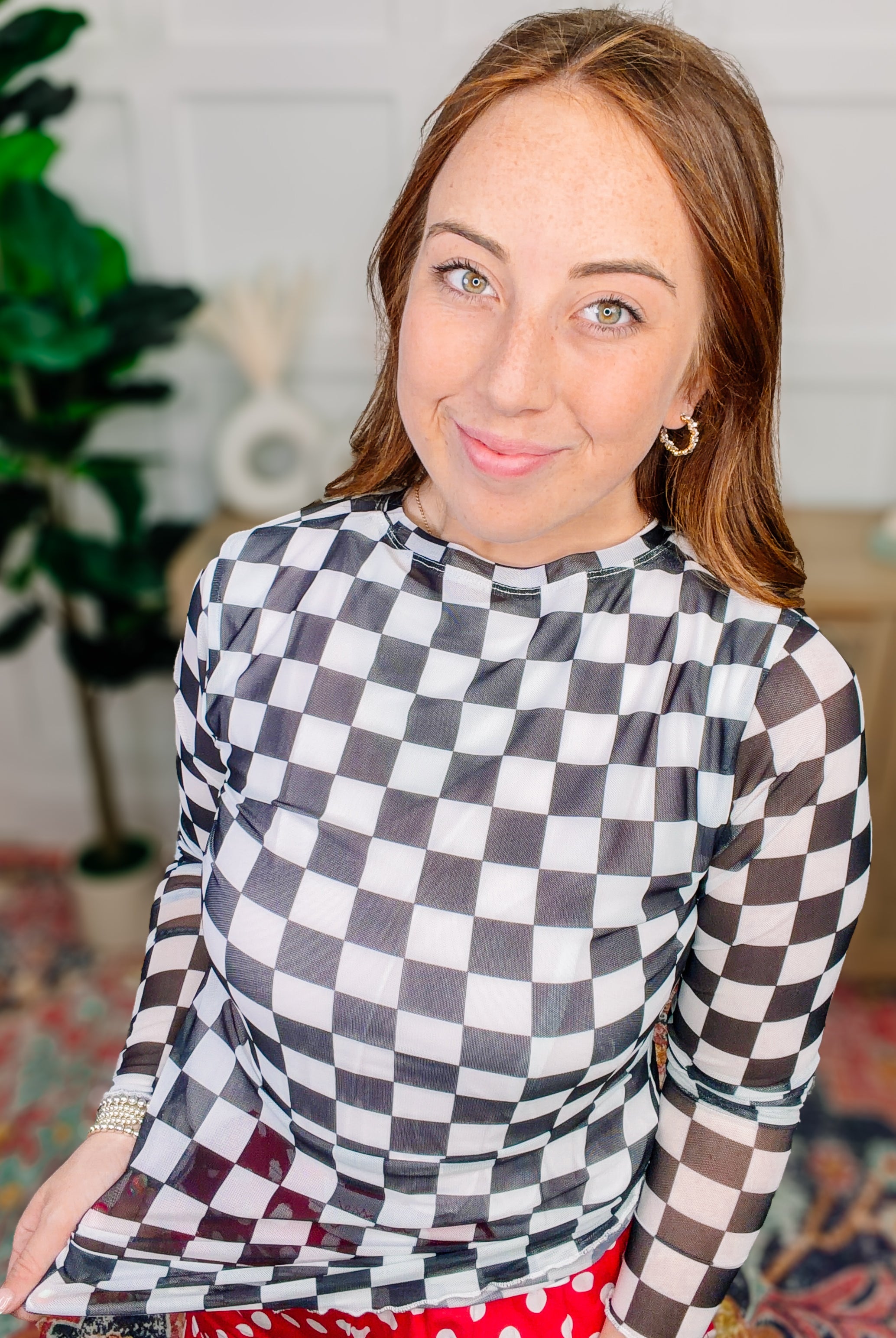 PREORDER: Alyssa Mesh Top- Black Checkered-Mesh Top-Dear Me Southern Boutique, located in DeRidder, Louisiana