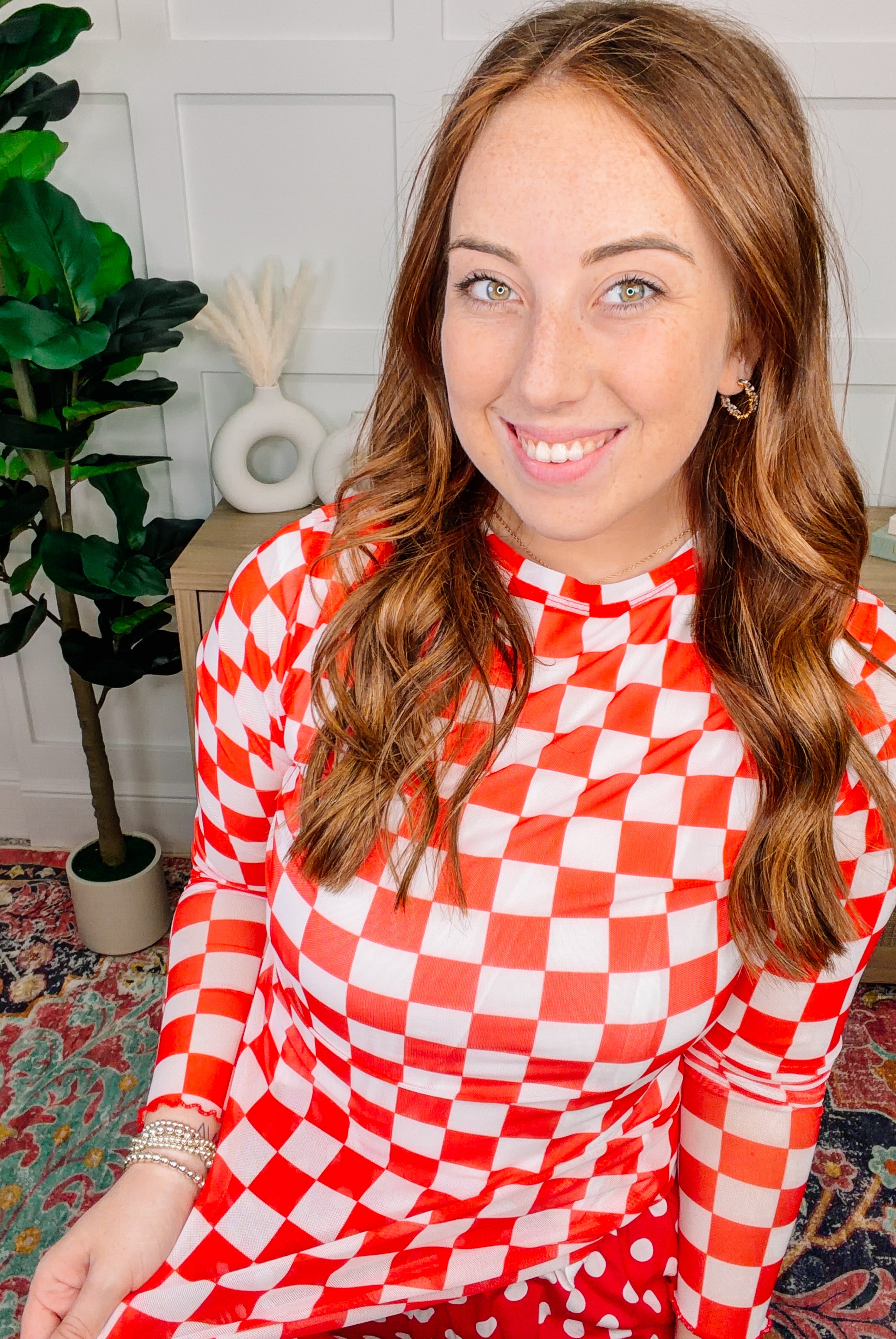 PREORDER: Alyssa Mesh Top- Red Checkered-Mesh Top-Dear Me Southern Boutique, located in DeRidder, Louisiana