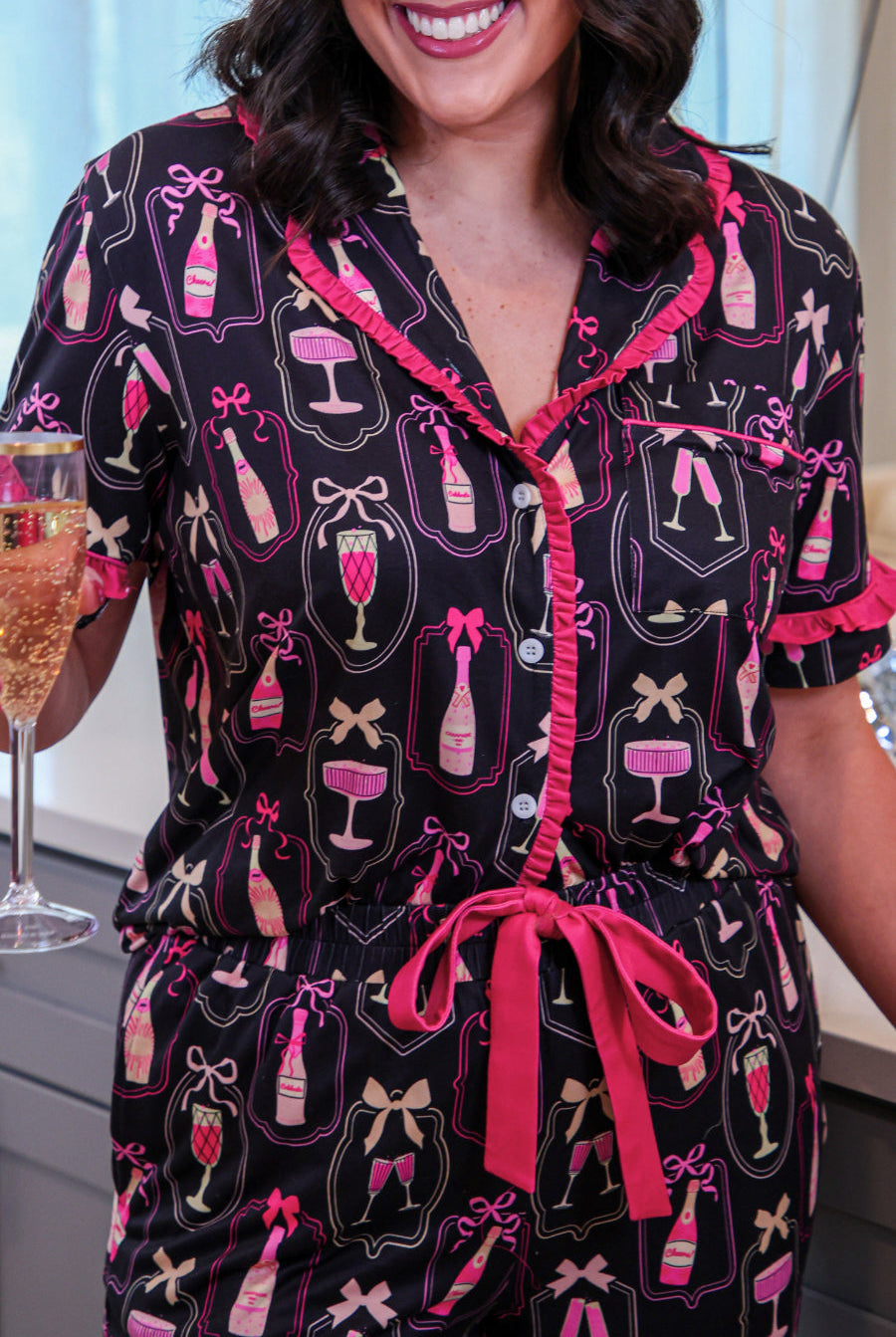 PREORDER- Bows & Bubbly After Dark Ruffle Pajama Set-Presales-Dear Me Southern Boutique, located in DeRidder, Louisiana